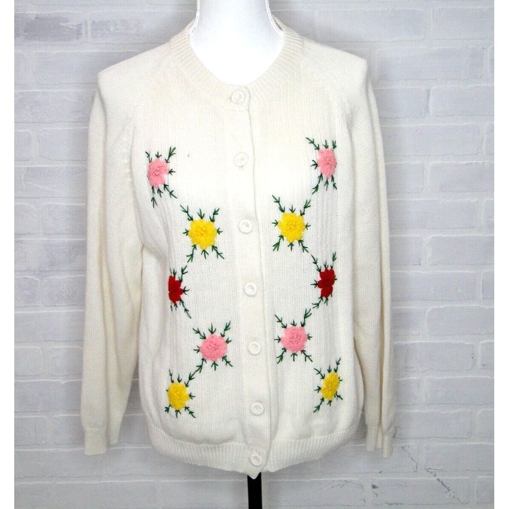 Vintage Cardigan Size 46 Hand Embroidered Boho Lagenlook Granny Floral 50s 60s