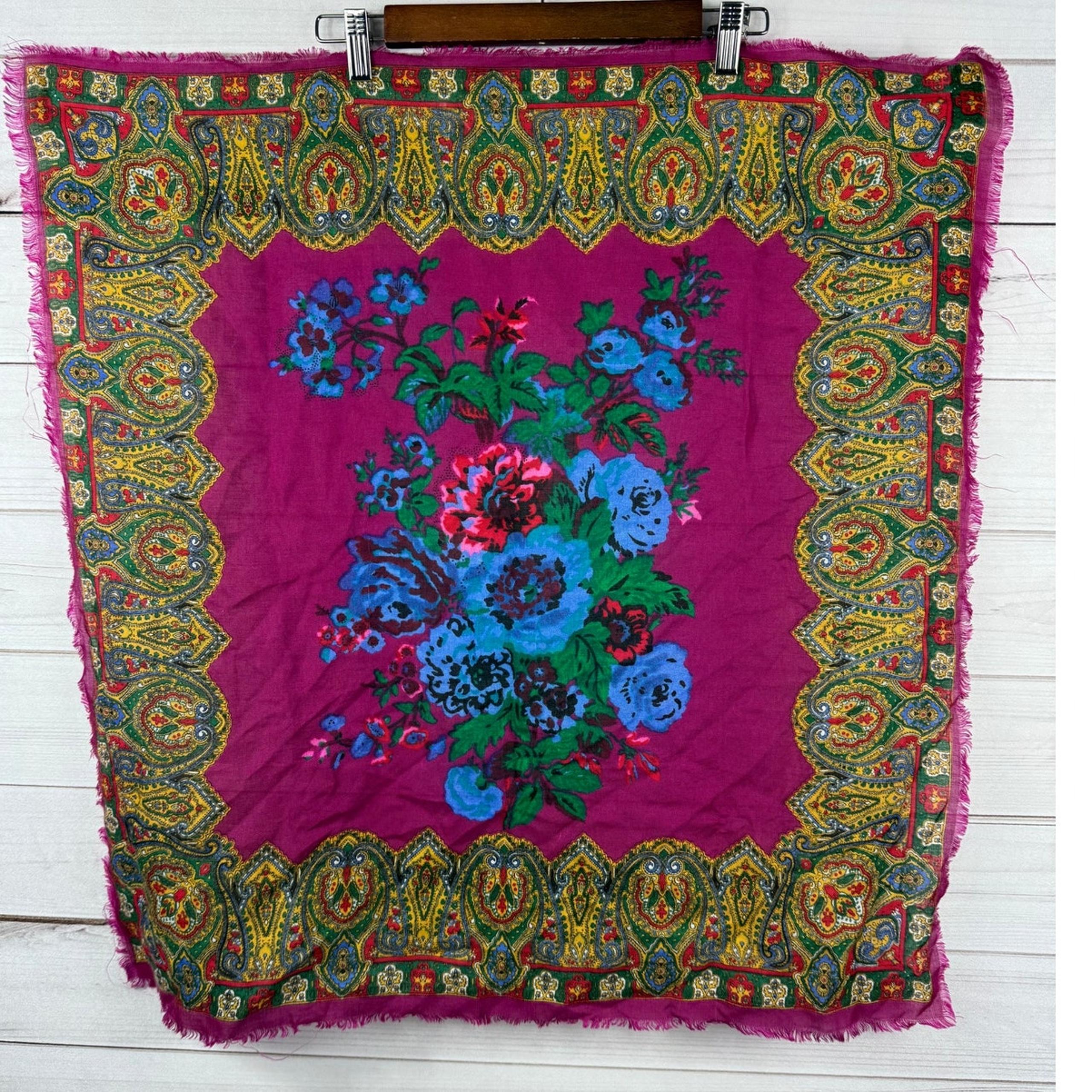 Challis by Berkshire Magenta Floral Paisley Acrylic Square Scarf Fringe 29"