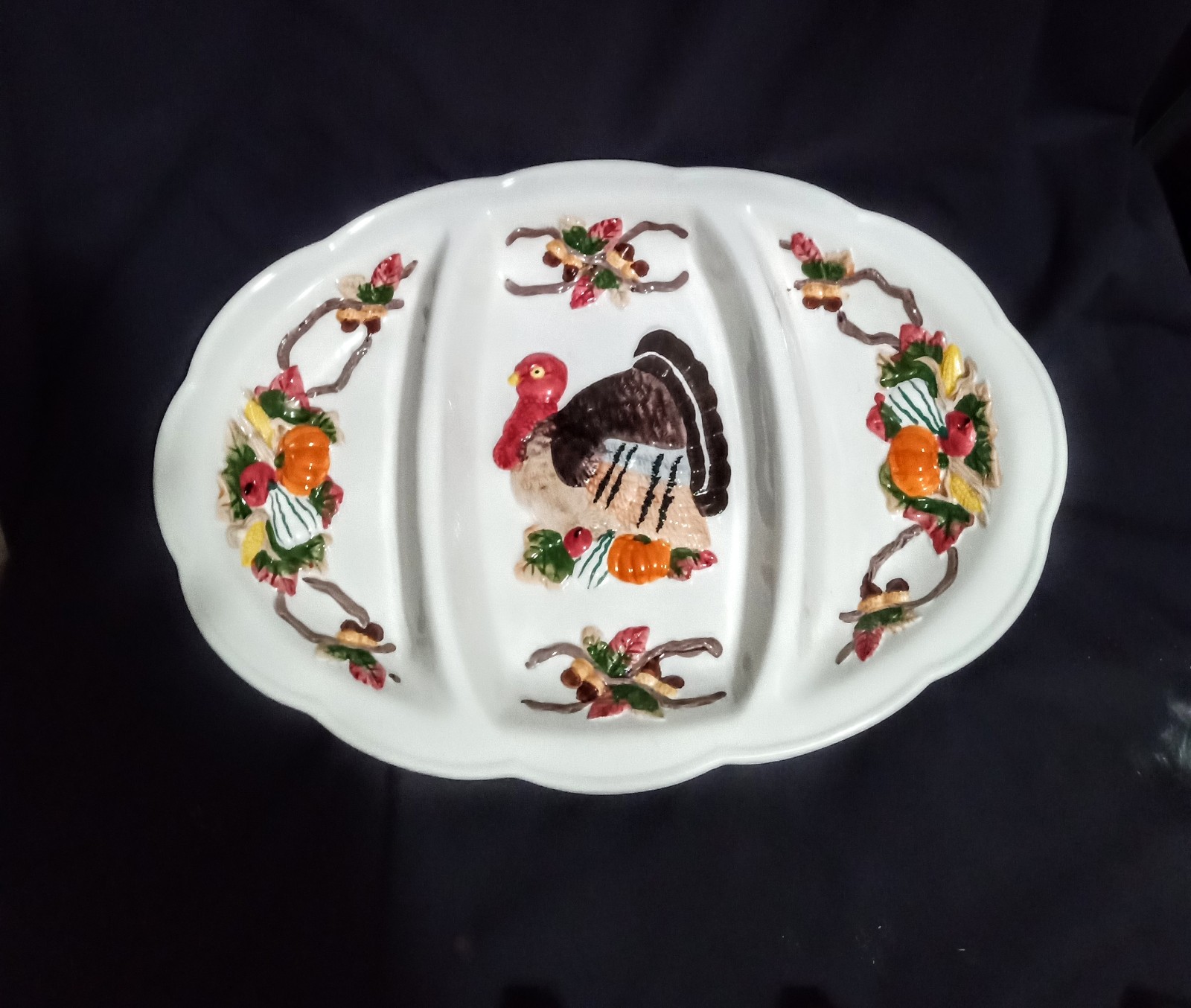 Vintage Thanksgiving Hand Painted ceramic Divided Relish Serving Tray