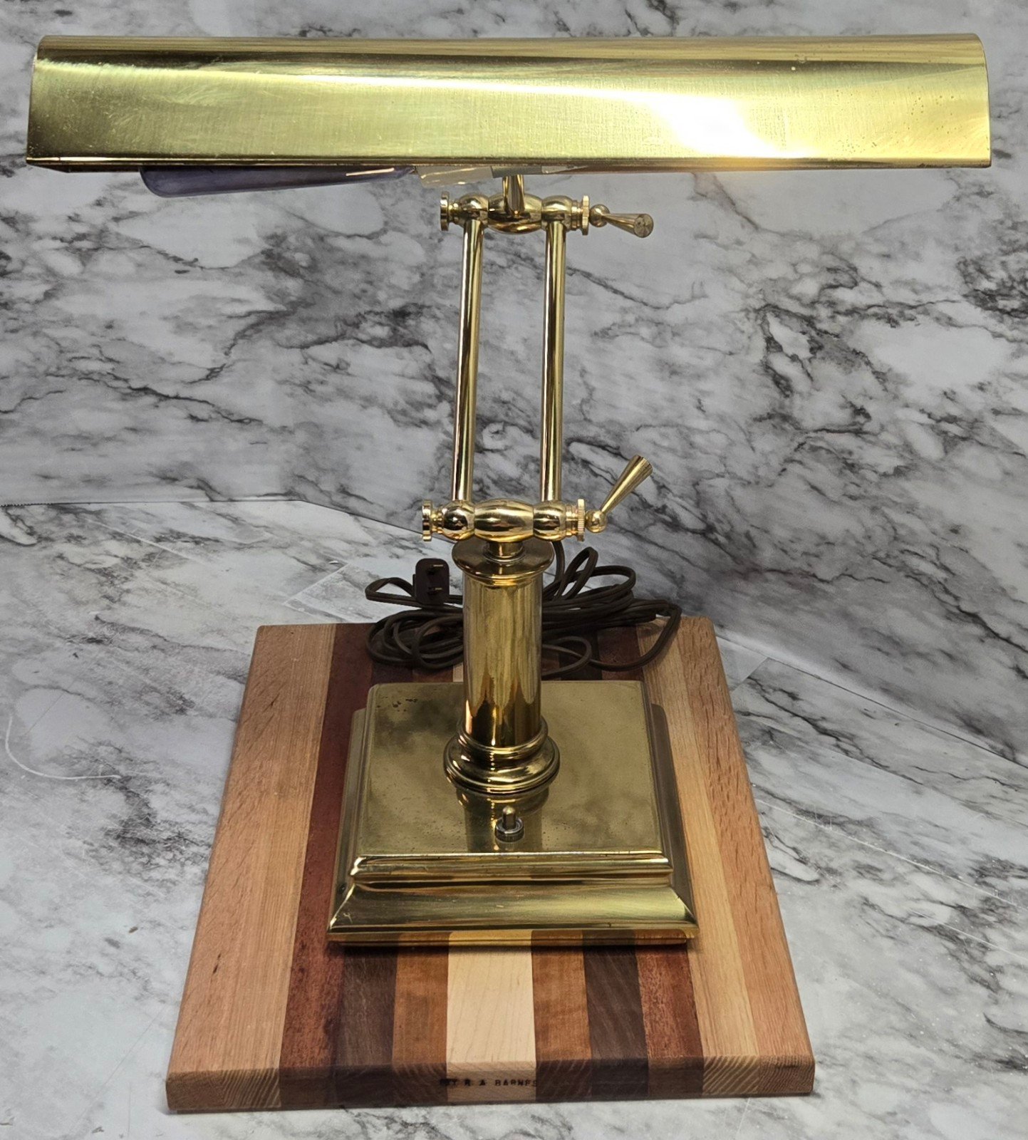 Vtg Solid Brass Bankers Lamp Piano Lamp Adjustable Square Base Push Button