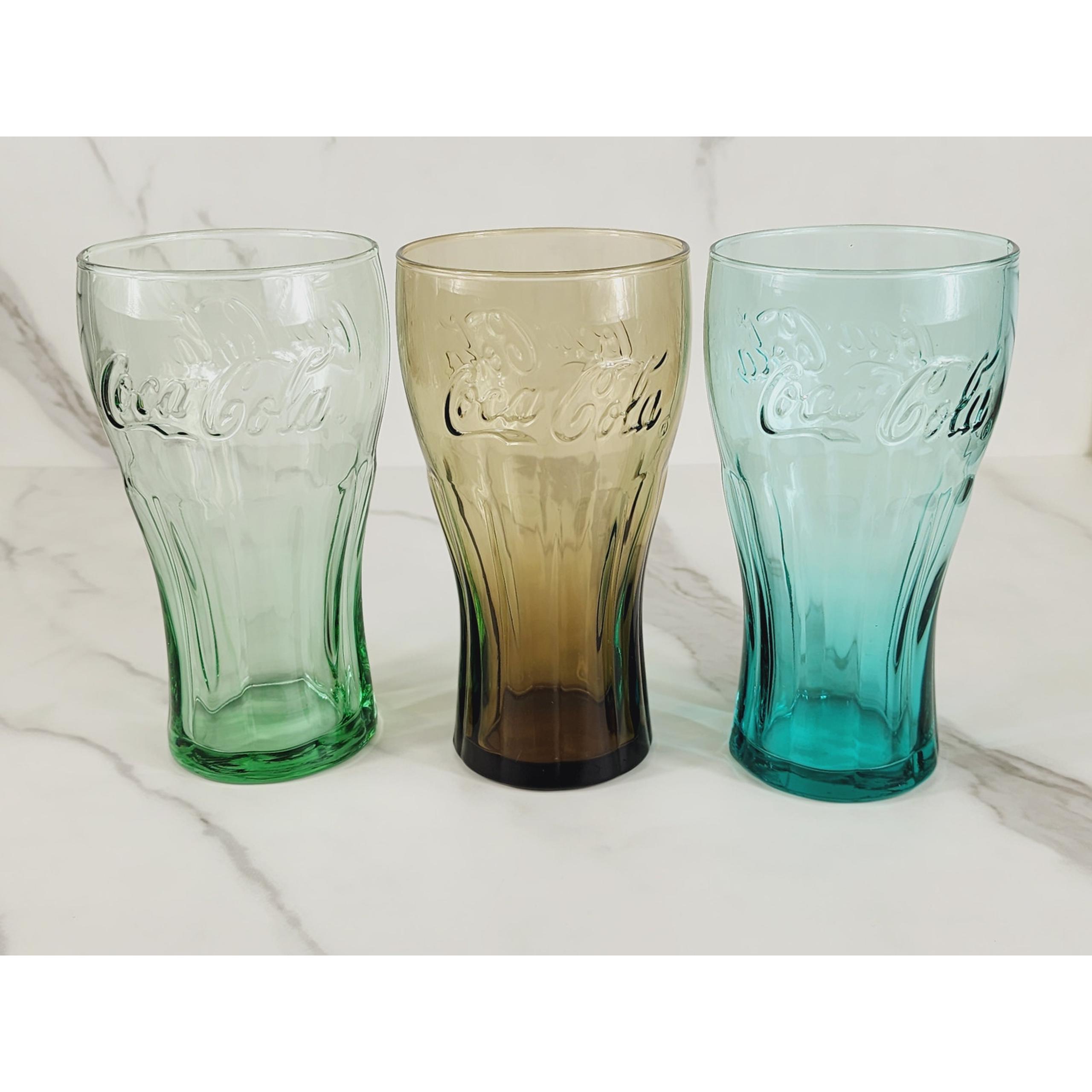 Coca Cola Libbey Drinking Glasses 17oz Embossed 6" Retro Green Blue Brown x3