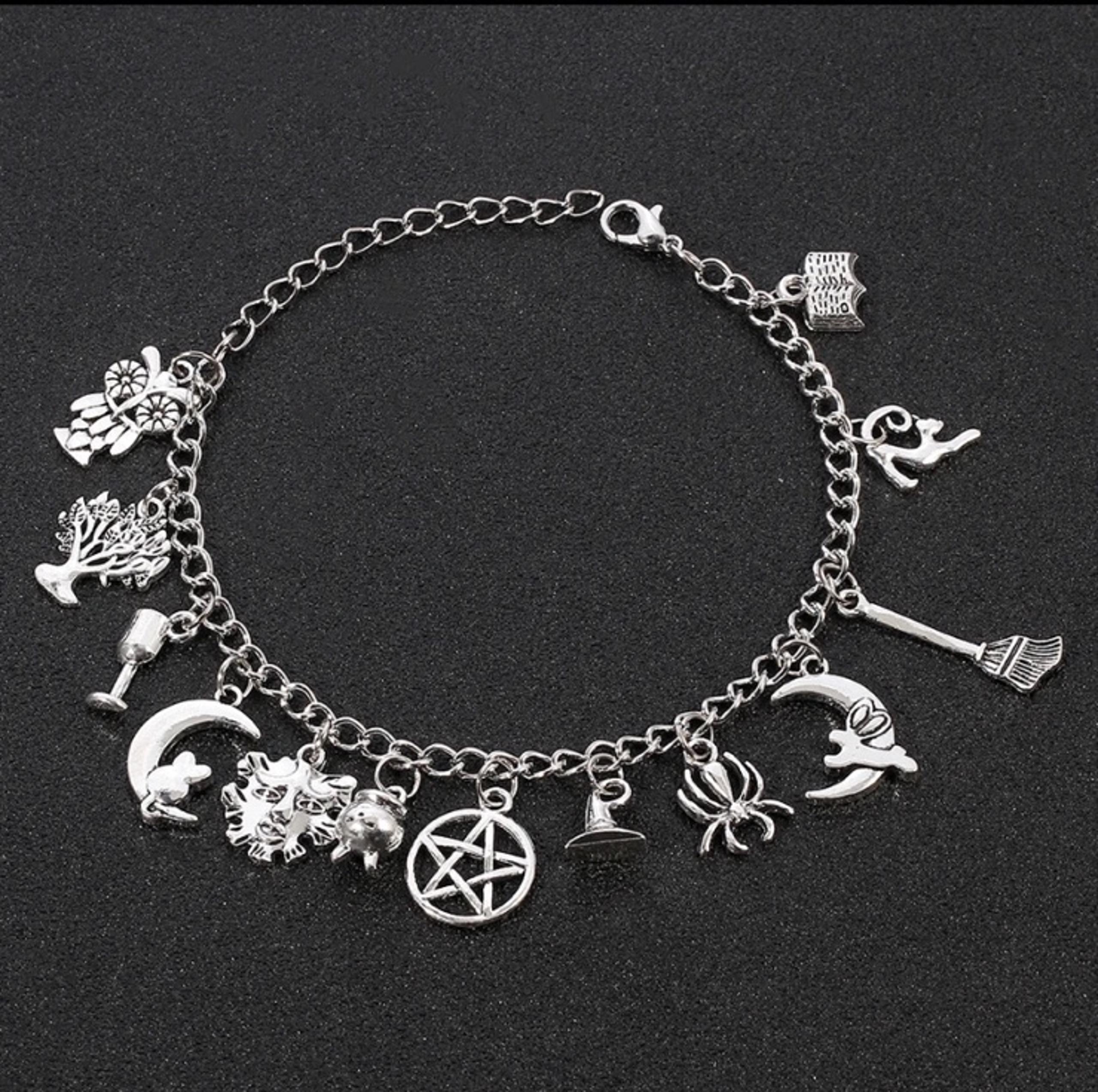 Witch Charm bracelet Womans jewelry new silver Moon Cat Pentagram Broom Hat Tree