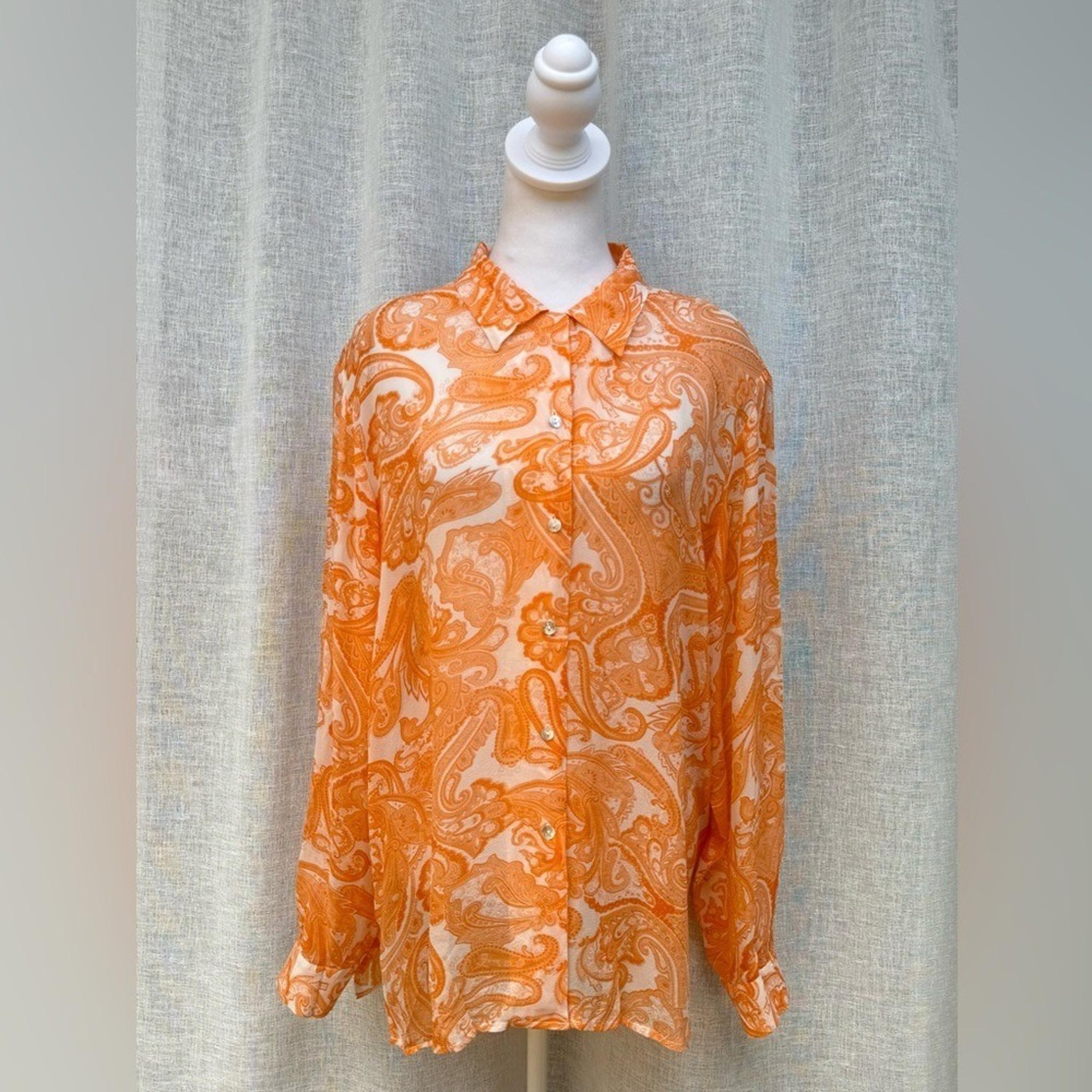 Sash Authentico Femminile paisley floral orange long sleeve sheer silk blouse