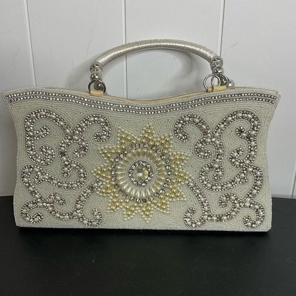 Vintage Heavily Beaded Rhinestones Faux Pearls Purse Evening Bag Double Handles