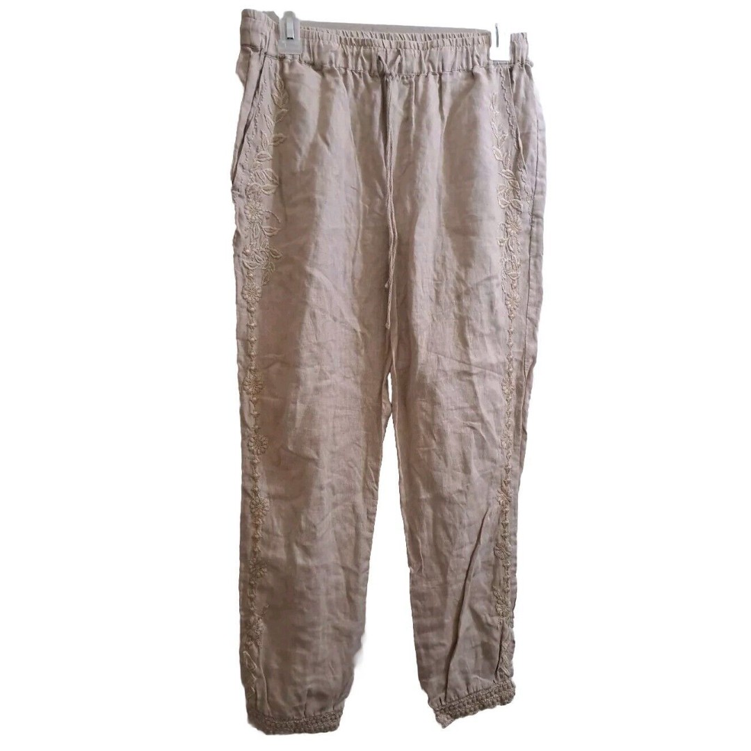 Johnny Was LA Kemi Linen Jogger Pants Women's S Beige Floral Embroidered Preppy