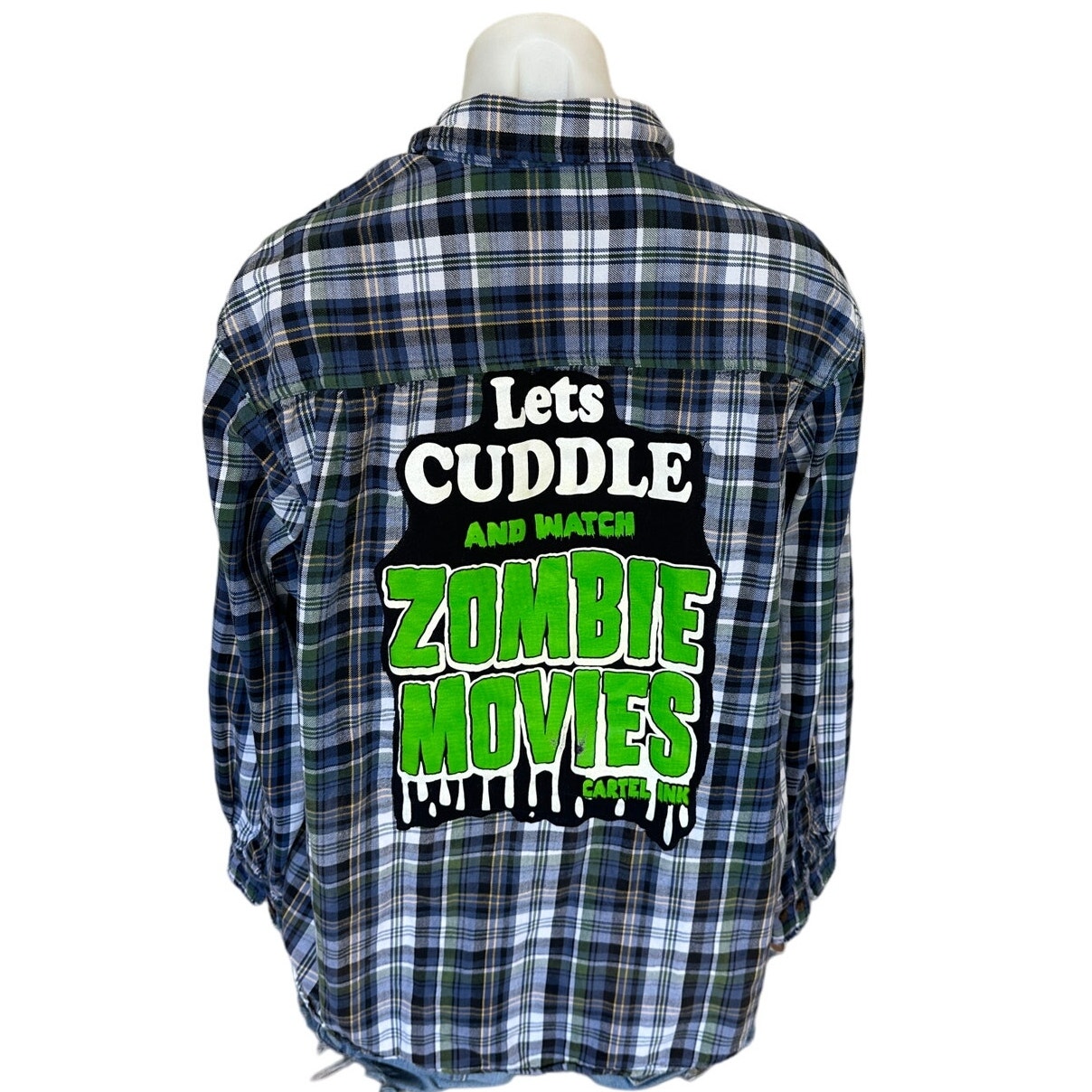 Zombie Movies Plaid Flannel Shirt LARGE Oversize Upcycle Unique Halloween Horror