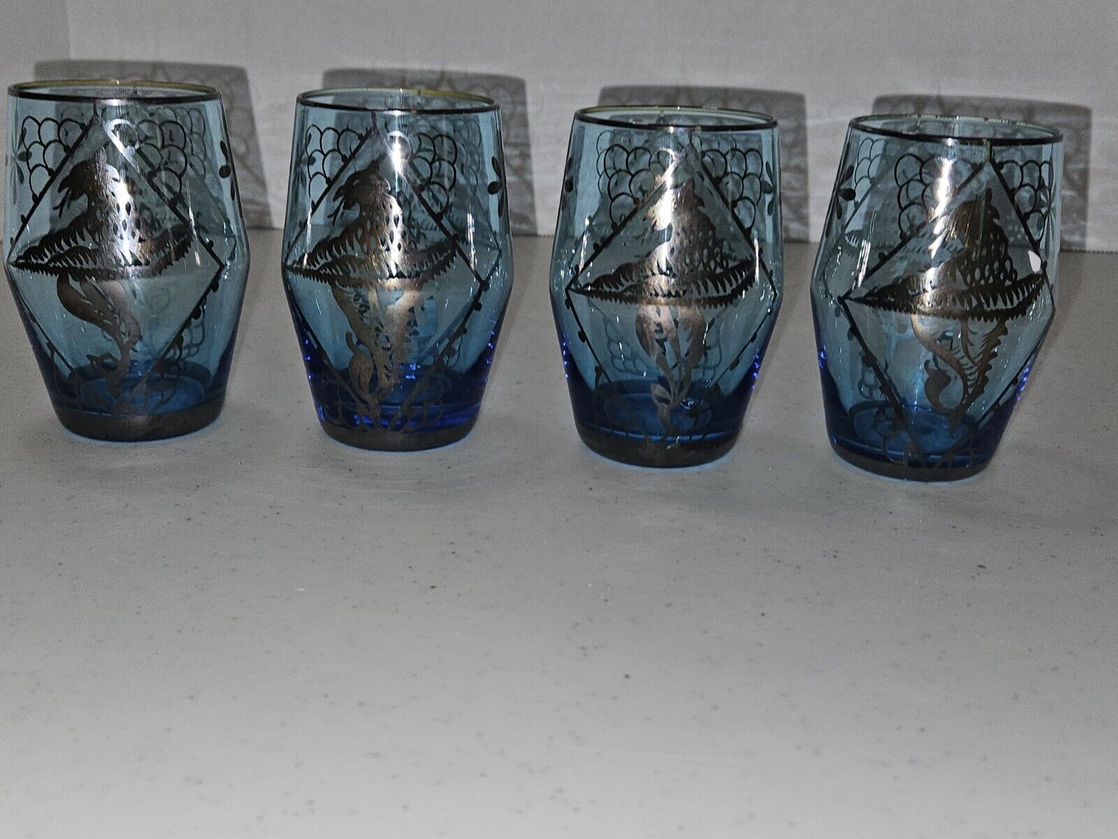 VTG Set Of 4 Blue Bohemian Czech Glass SILVER OVERLAY DRAGON PHOENIX Cups