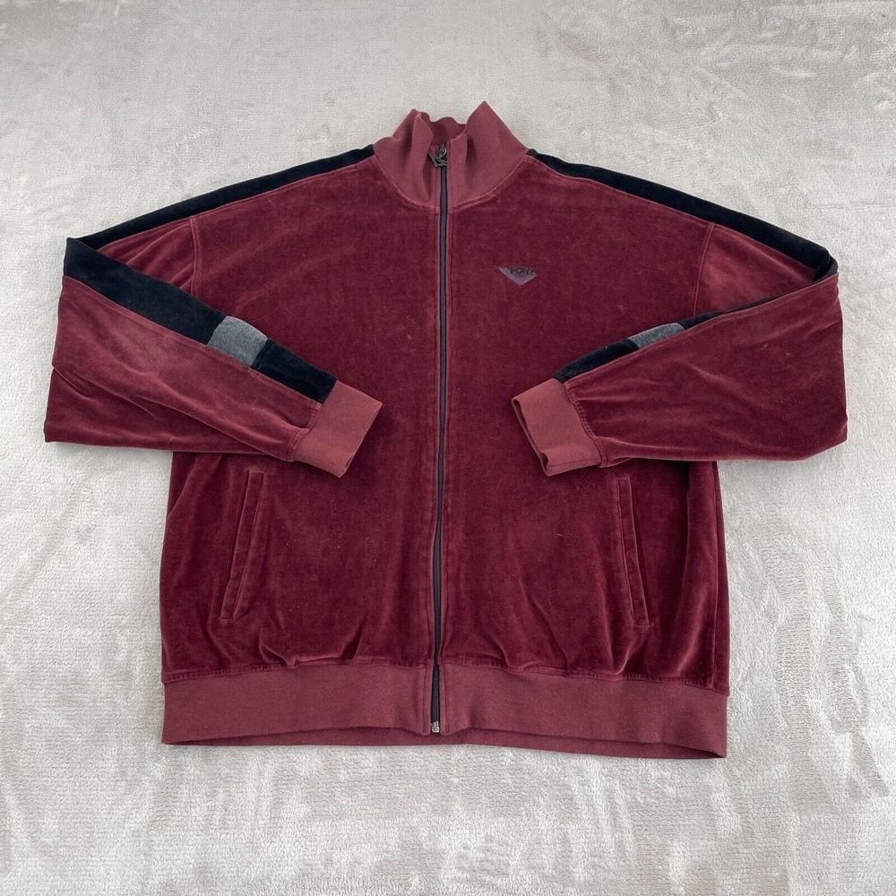 Vintage Pony Velour Track Jacket Men XL Burgundy Full Zip Mock Neck Long Sleeve