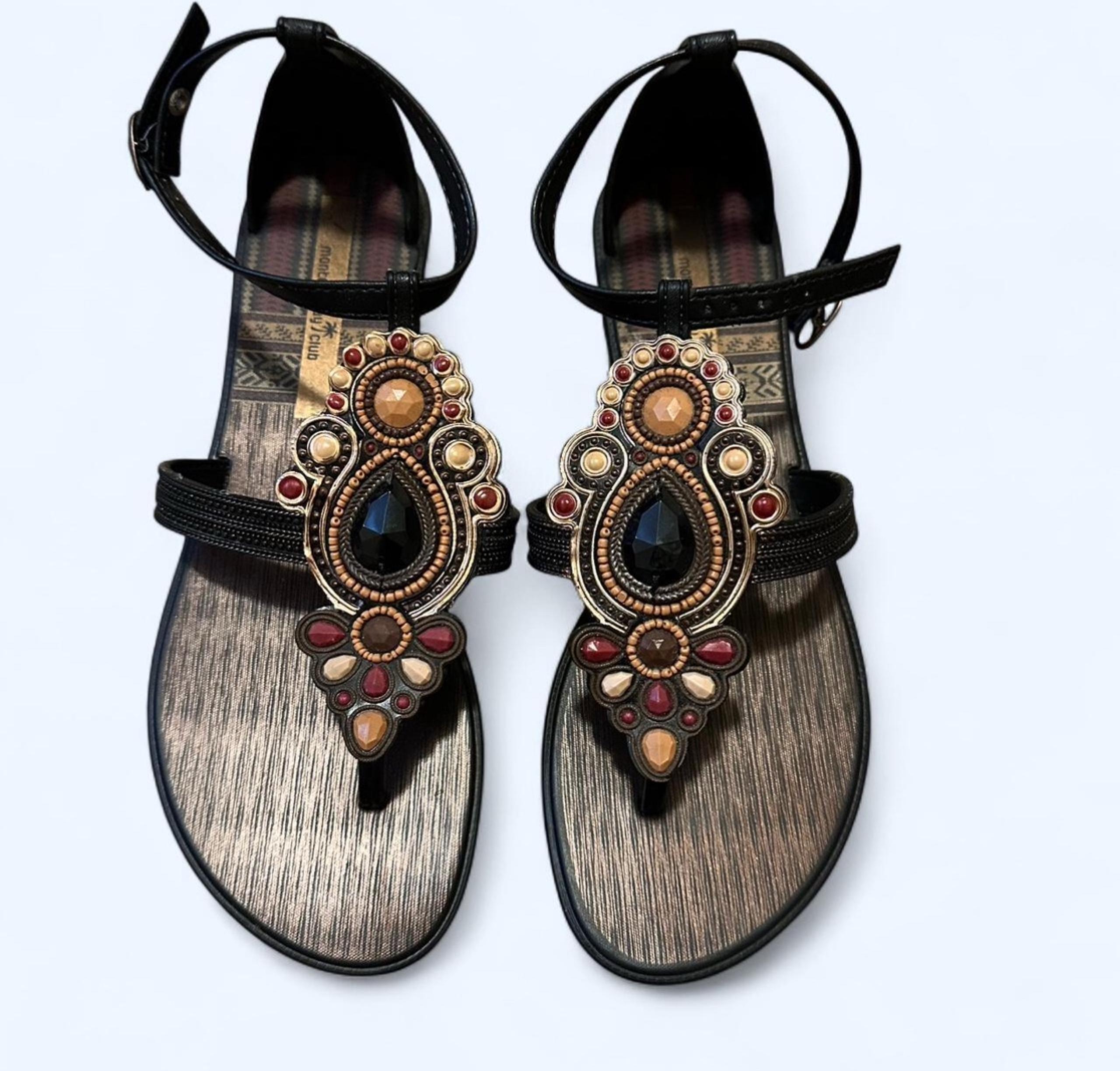 Montego Bay Club Black and Gold Sandals with Vintage Embellishments