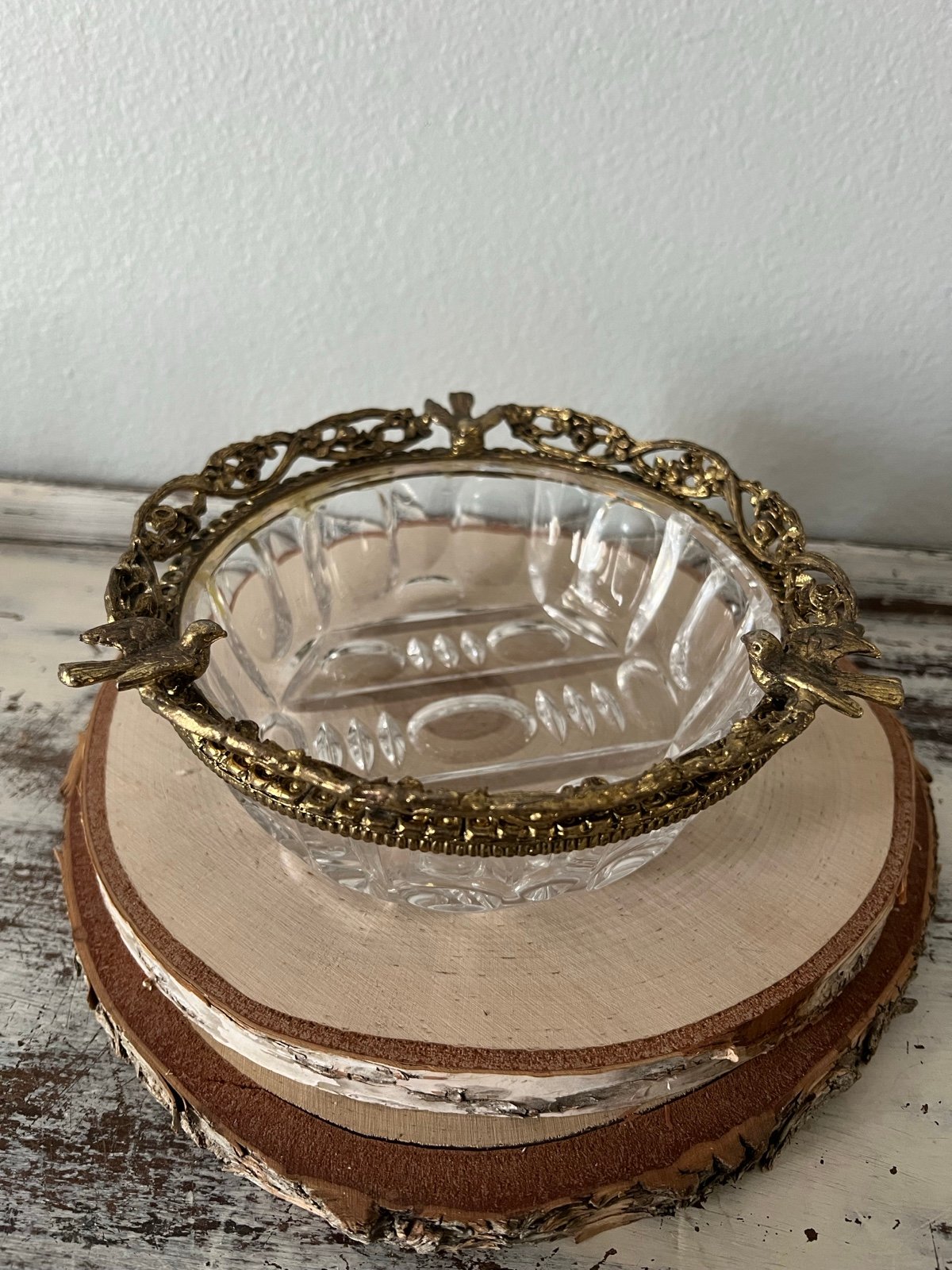 MCM Hollywood Regency Gold Gilt Birds Vintage Bowl Trinket Dish Cut Glass Rare