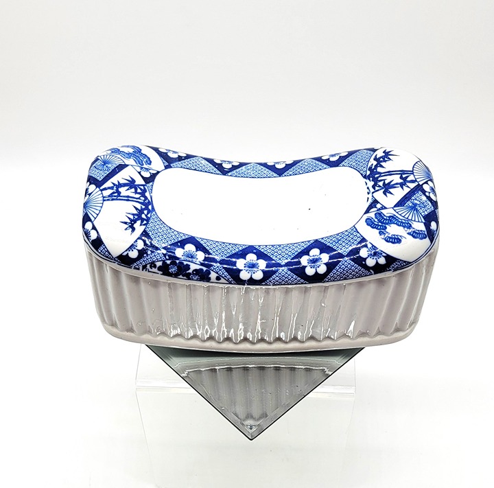 Chinoiserie Blue White Transfer Ware Vintage Porcelain Geisha Pillow Fans Flower