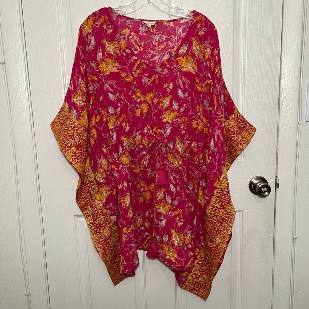 GARNET HILL Embroidered Kaftan Floral Cover-Up Popover V-Neck Dress | size Small