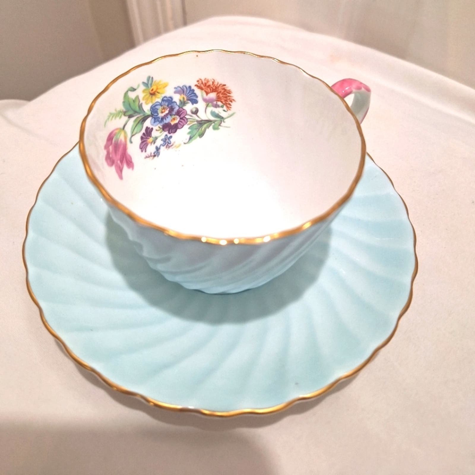 AYNSLEY(Rare Find) Bone China Pale Blue Swirl Teacup & Saucer, #545-Gold Trim