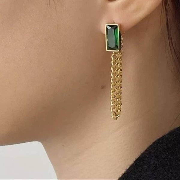 NEW Emerald Green Gemstone 18K Gold Plated Chain Dangle Drop Earrings