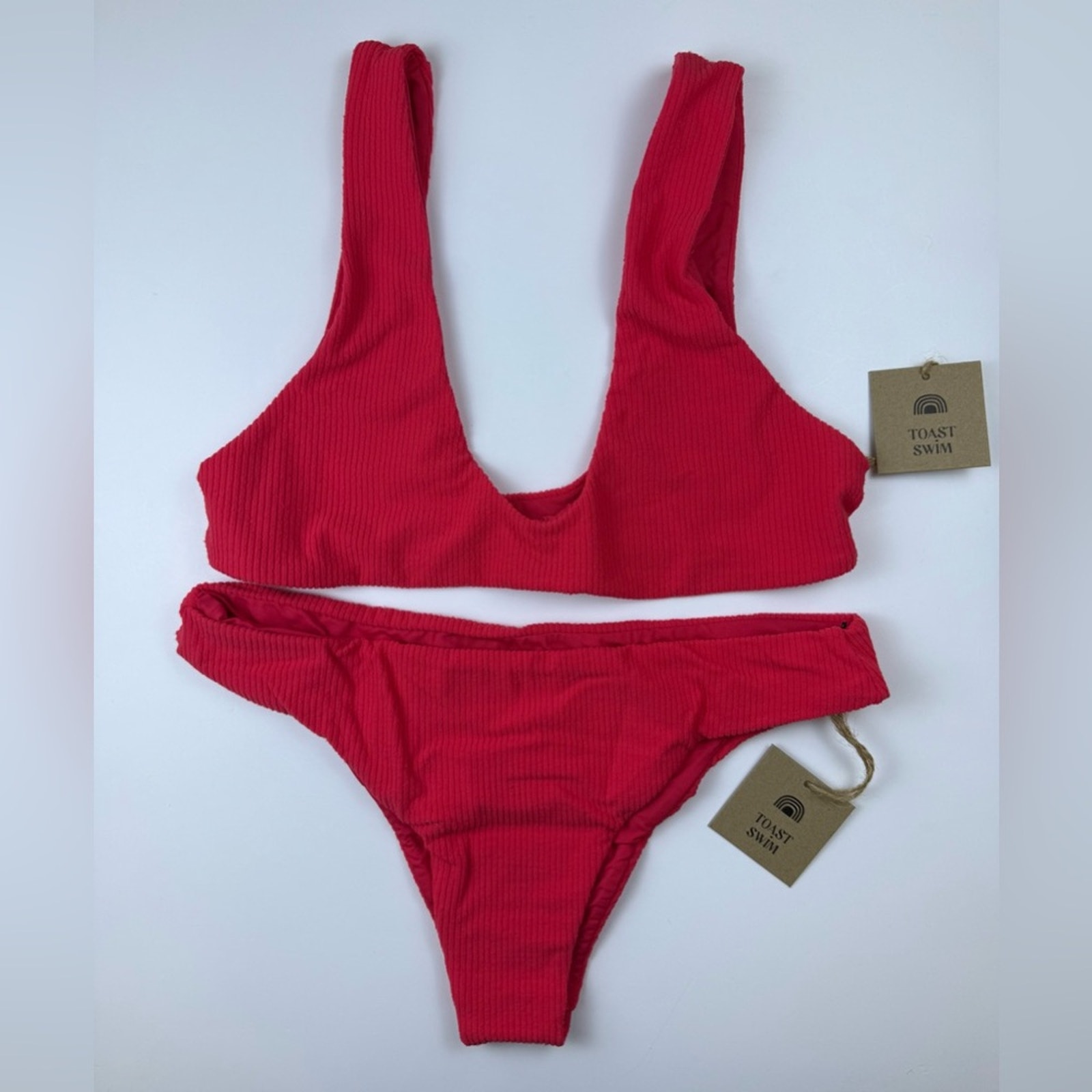 NWT Free People x Toast Bikini Set Scoop Top Low Rise Bottoms Coral Rib Small