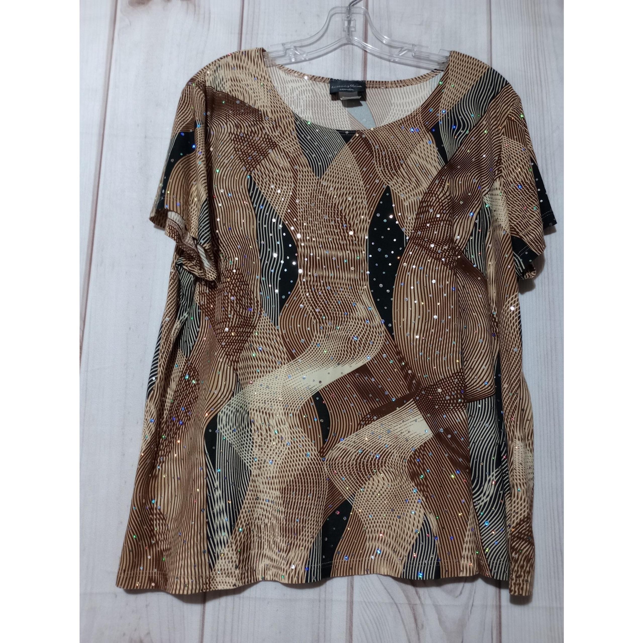 Brittany Black Shirt Womens 2XL Brown Black Beige Geometric Sequin Top Stretchy