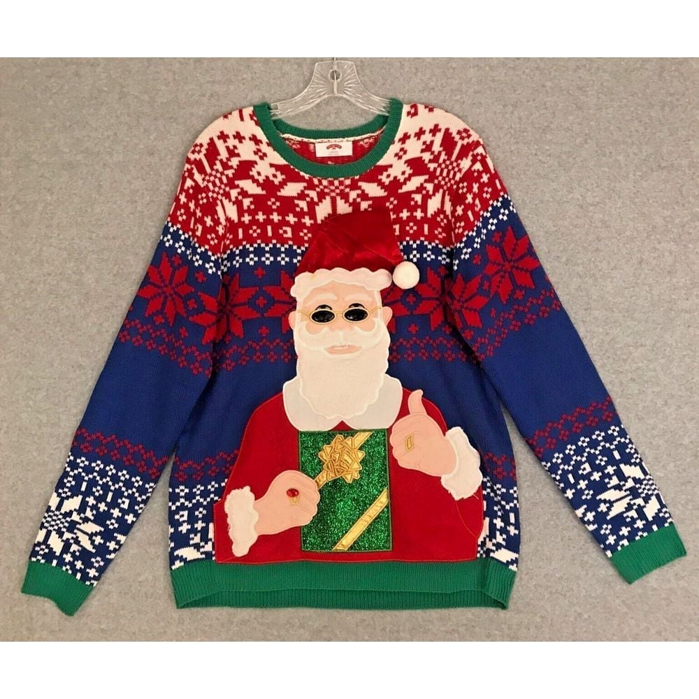 Santa Claus Ugly Christmas Sweater Adlt Large Puffy Print Glitter Snowflakes