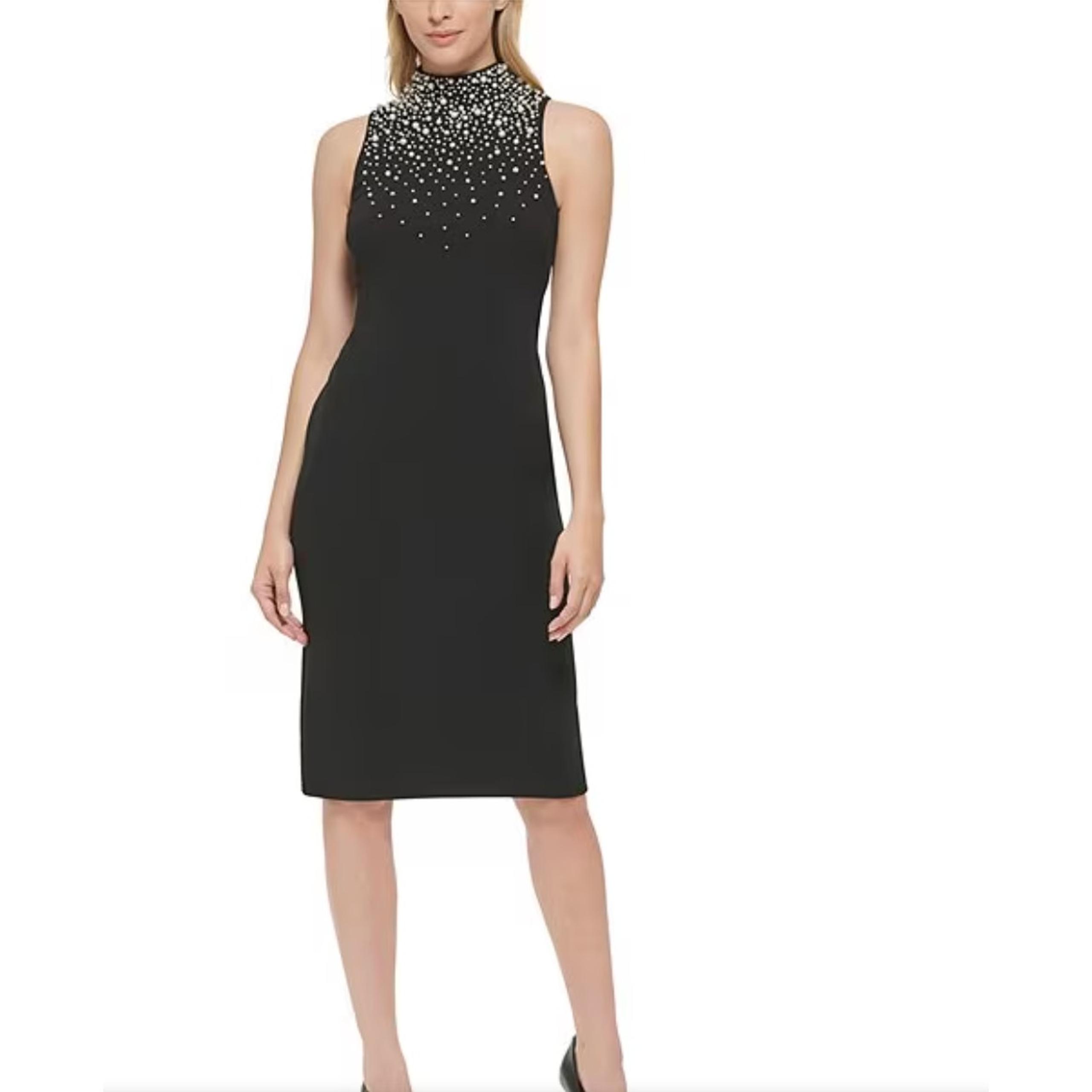 KARL LAGERFELD PARIS Scuba Crepe Black Pearl Mock Neck Sleeveless Sheath Dress 8
