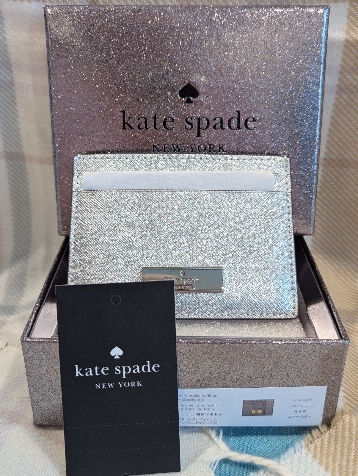 NWT KATE SPADE Kenzie Boxed Glitter Cardholder Lunar Light