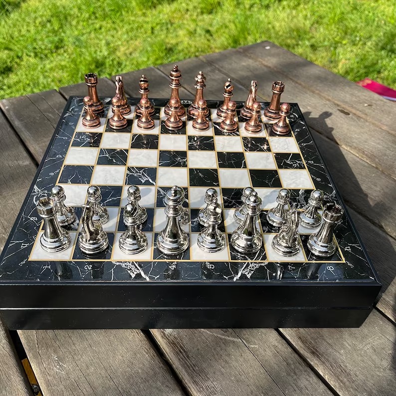 14” Luxury Metal Chess Set, Personalized Wooden Chess Board with Storage Metal C