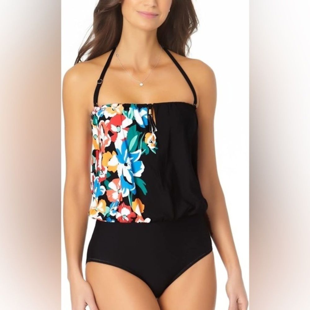 Anne Cole Tunnel Blouson Front Keyhole One-Piece Floral Gathered Swimsuit NEW 8