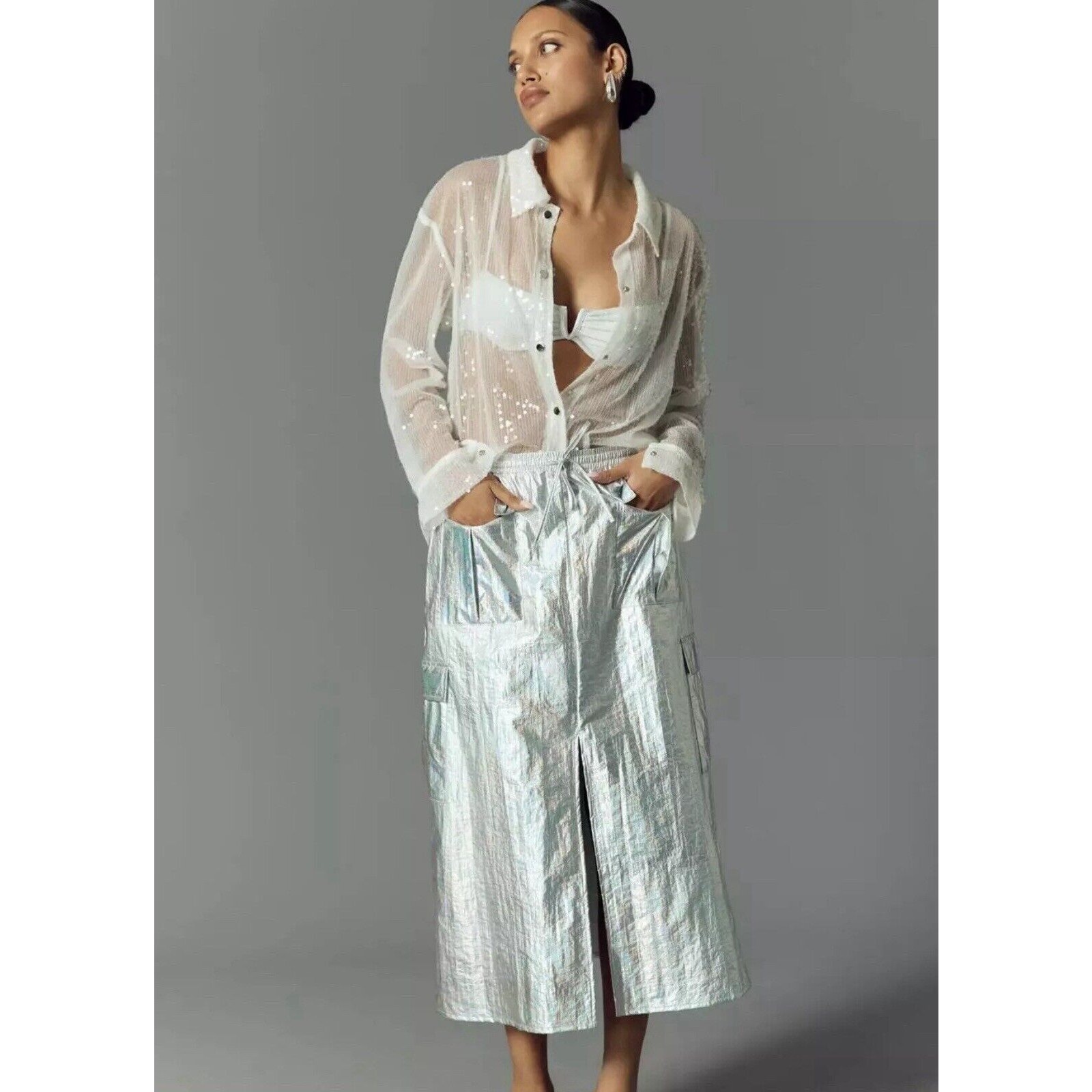 Anthropologie Maxi Skirt Womens L Silver Split Front Elastic Waist Pocket Nylon