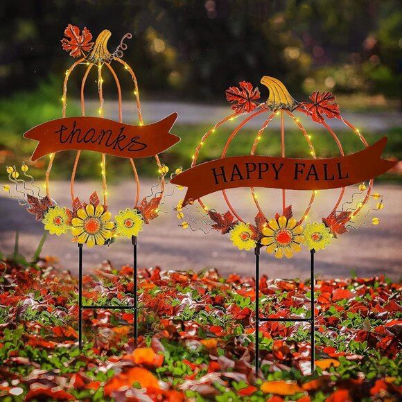 New 2 Pack Solar Lighted Metal Pumpkin Stakes,Thanks, Happy Fall for Yard Decor