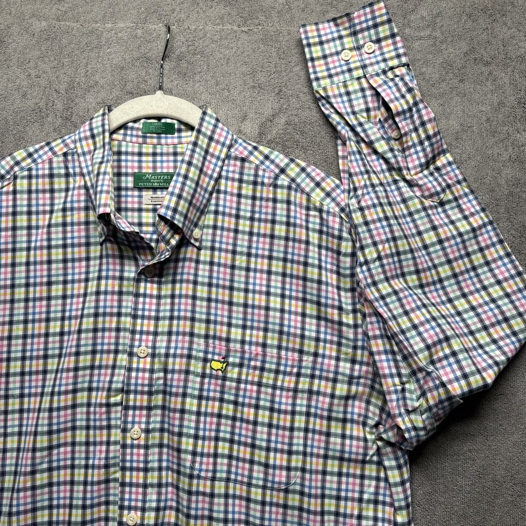 Masters Golf Peter Millar Shirt Mens L Nanoluxe Multicolor Plaid Button Down
