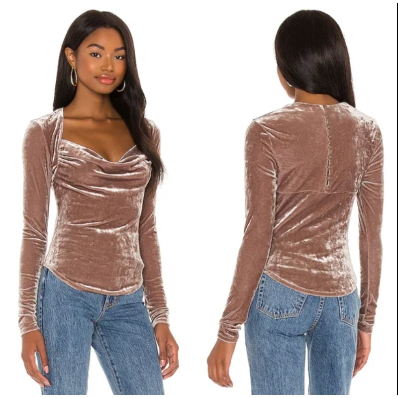 NWT Free People Top Long Sleeve Velvet Perfect Date Size Medium Taupe Stone