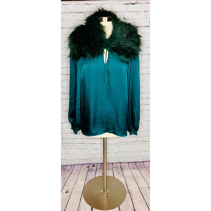 LOFT Green Blouse with Faux Fur Neckpiece NWT Large