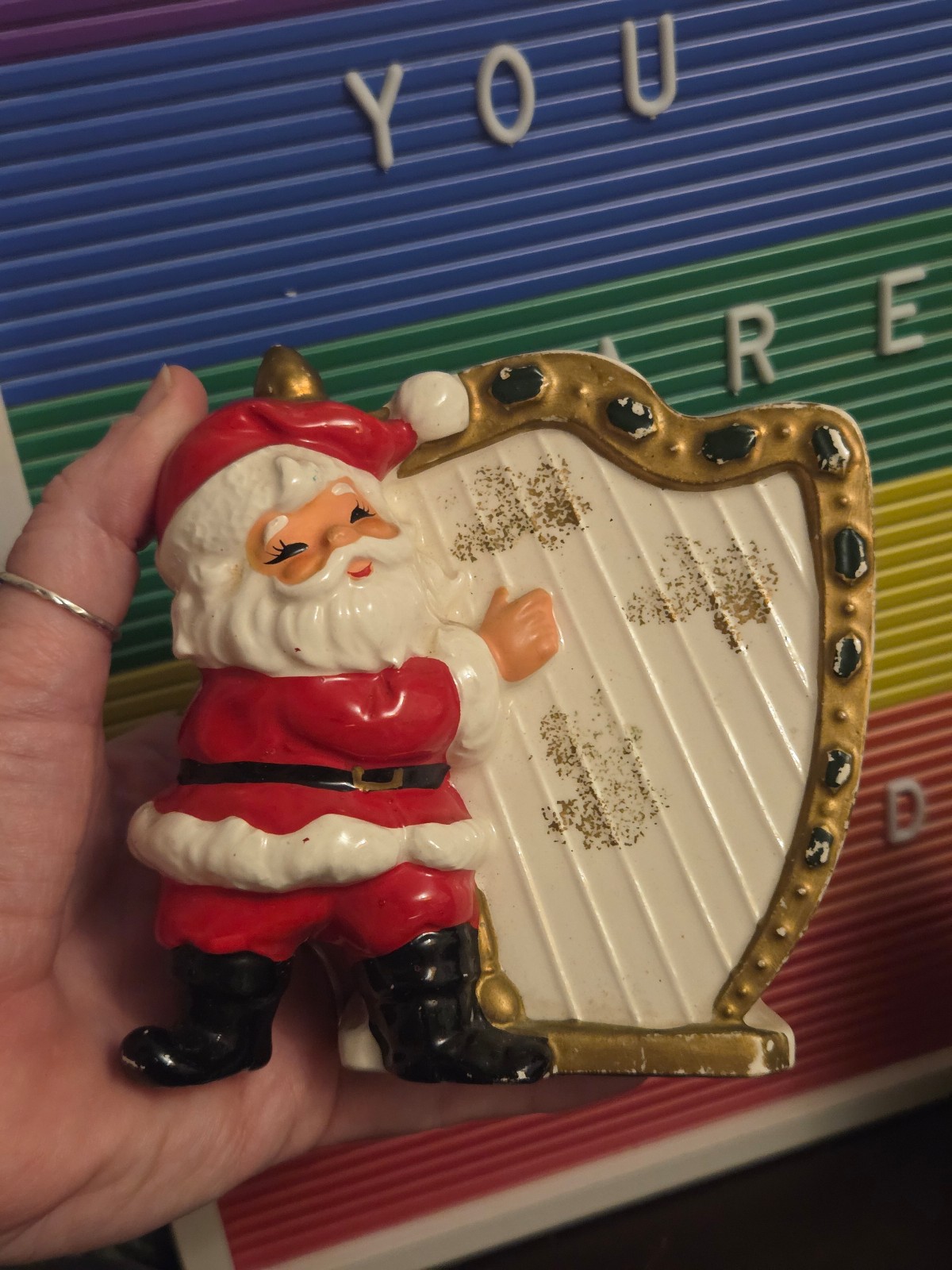 Vintage Japan Santa Playing A Harp Ceramic Christmas Planter and Greenery 1950s