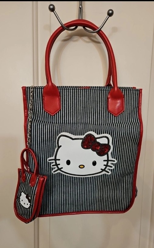 Sanrio Hello Kitty Blue Denim Stripe Tote Bag w/Red Trim Shoulder Handbag EF