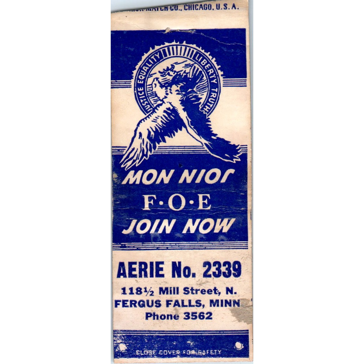 Aerie No. 2339 F.O.E. Fergus Falls MN Vintage Matchbook Cover SF4-Y3