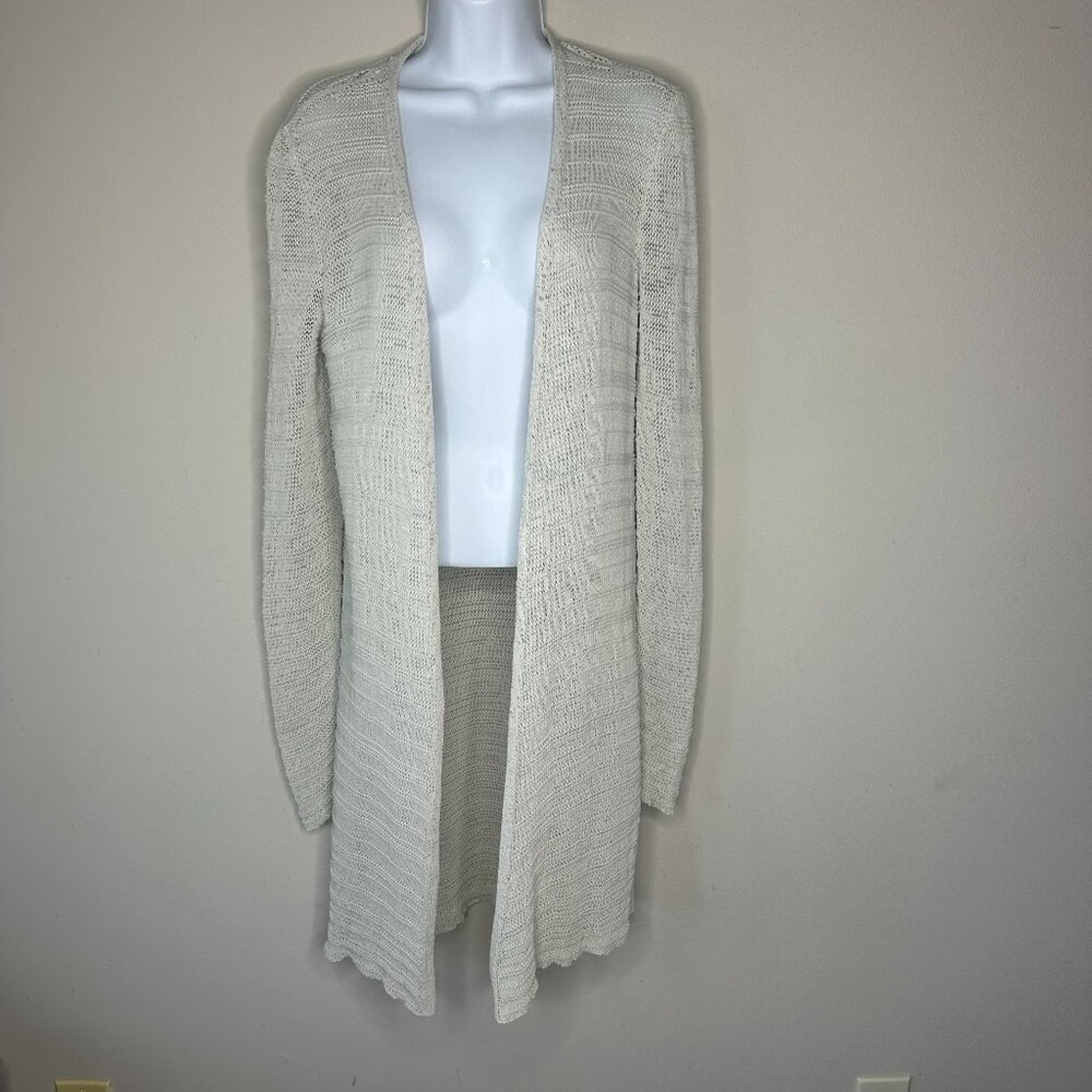 Eileen Fisher Long Open Knit Cardigan in Pale Green/Cream - Size Small