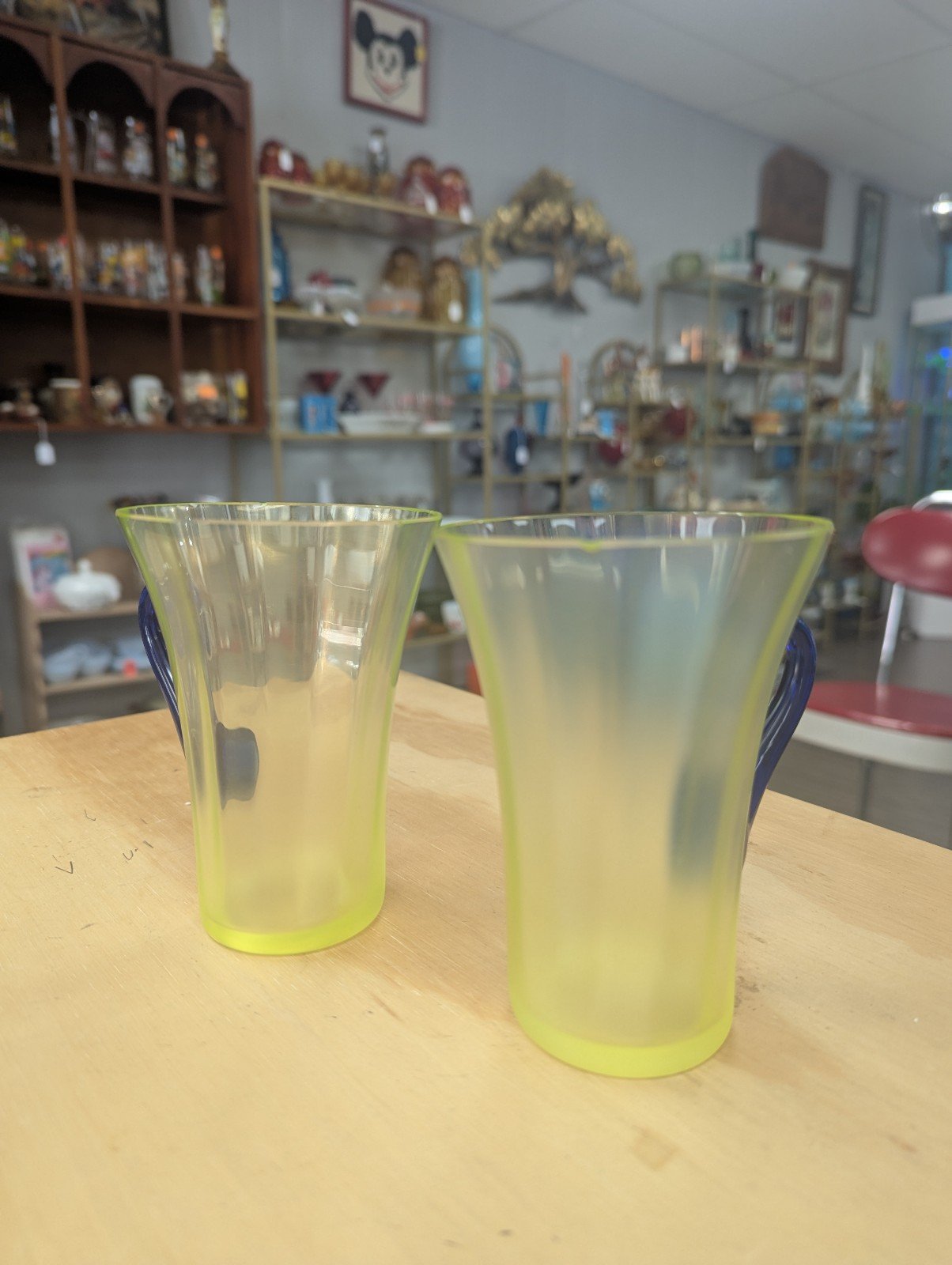Vtg Fenton lemonade glasses (2) Topaz iridescent Vaseline glass.