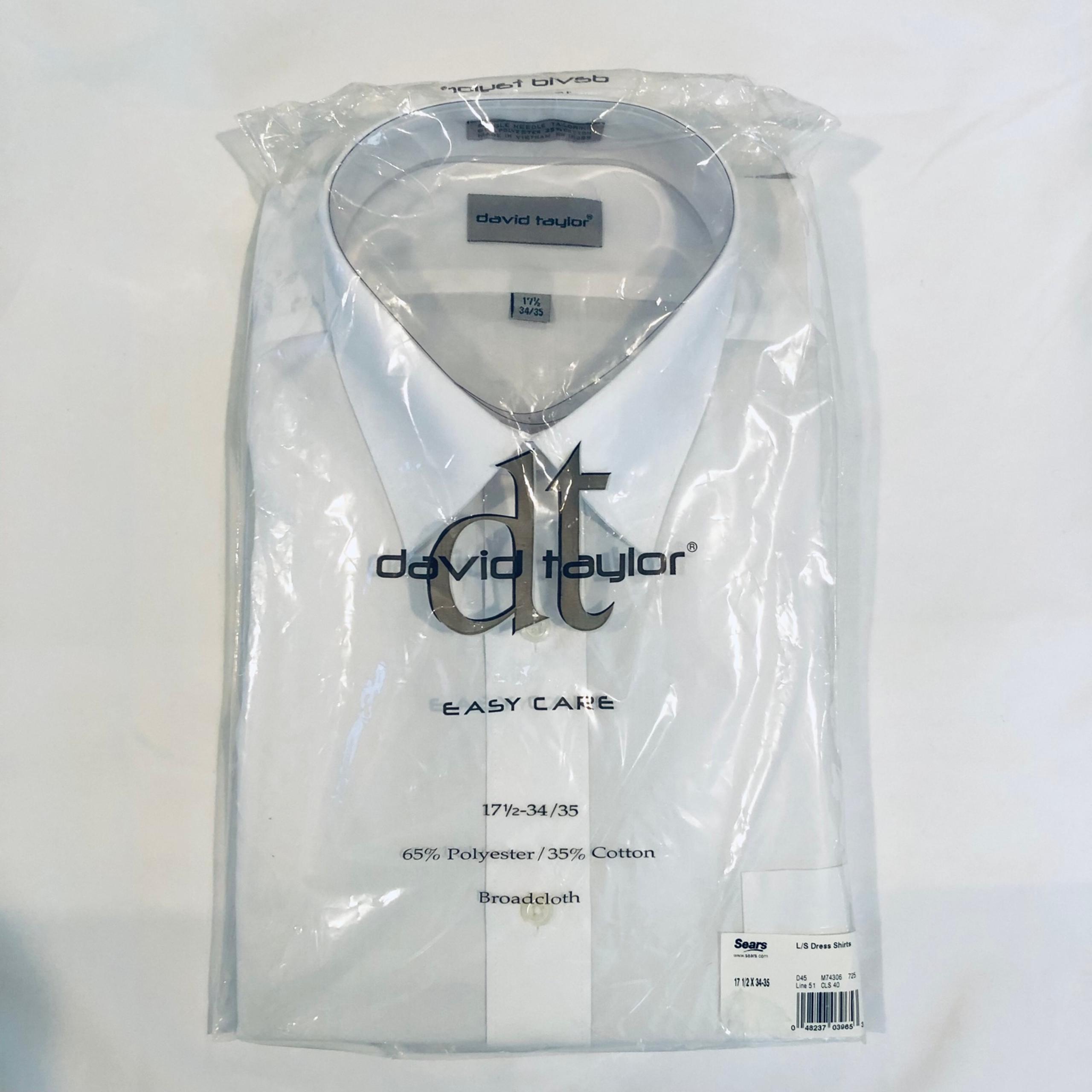 Men's Dress Shirt Size 17 1/2 34/35 White David Taylor Generous Fit Long Sleeve