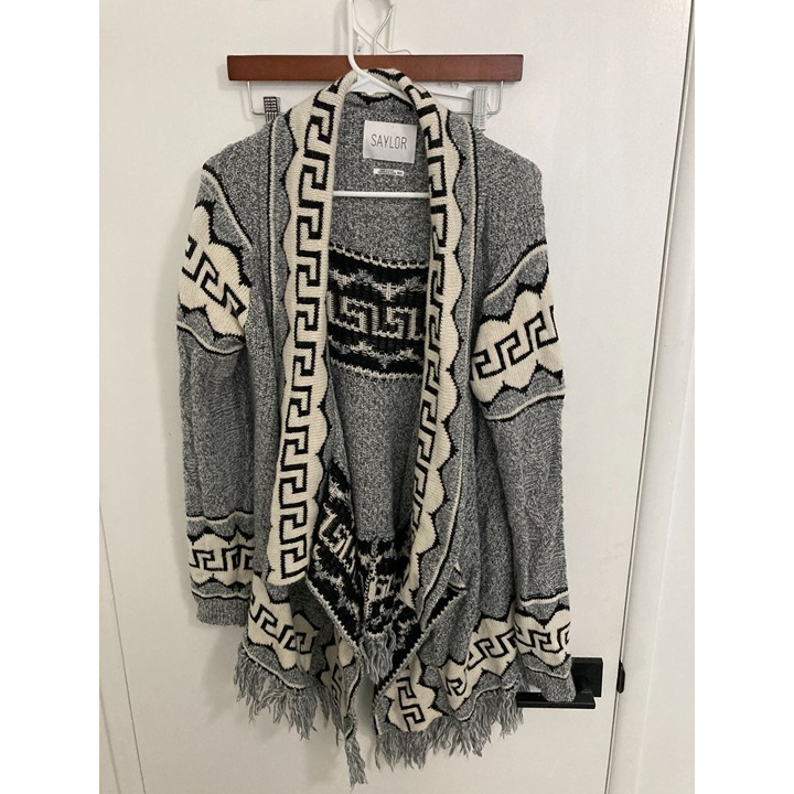 Saylor Women's Knit Fringed Poncho, Gray/Cream, One Size
