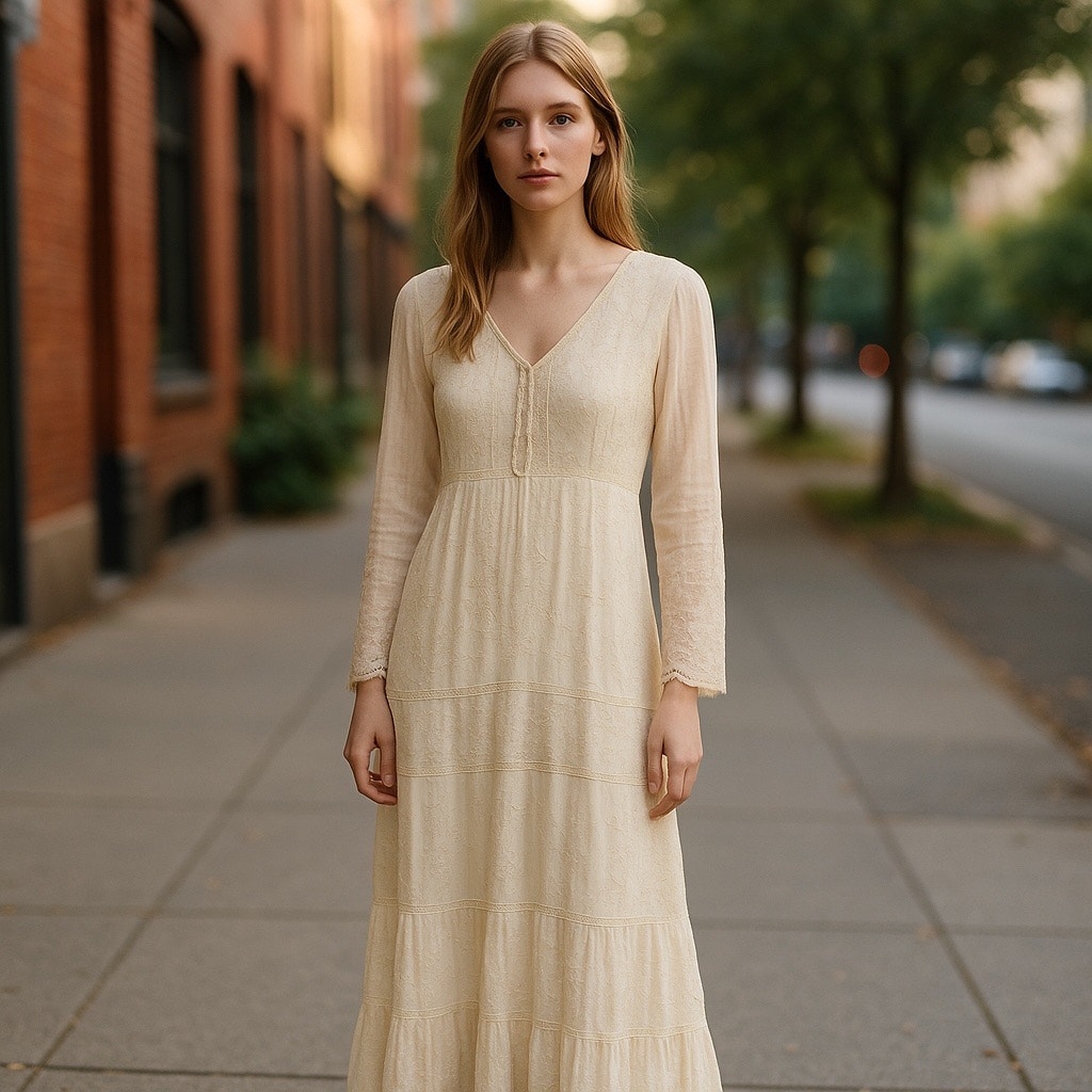 April Cornell Vintage Lace Wedding Dress Barn Cowgirl Prairie Cream Size Large