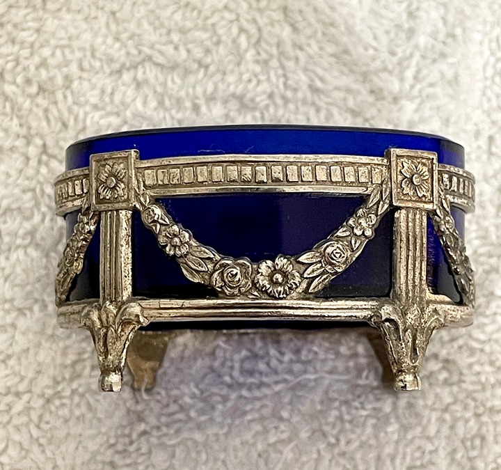 Vintage Empire Style Salt Cellar with Cobalt Blue Glass Insert