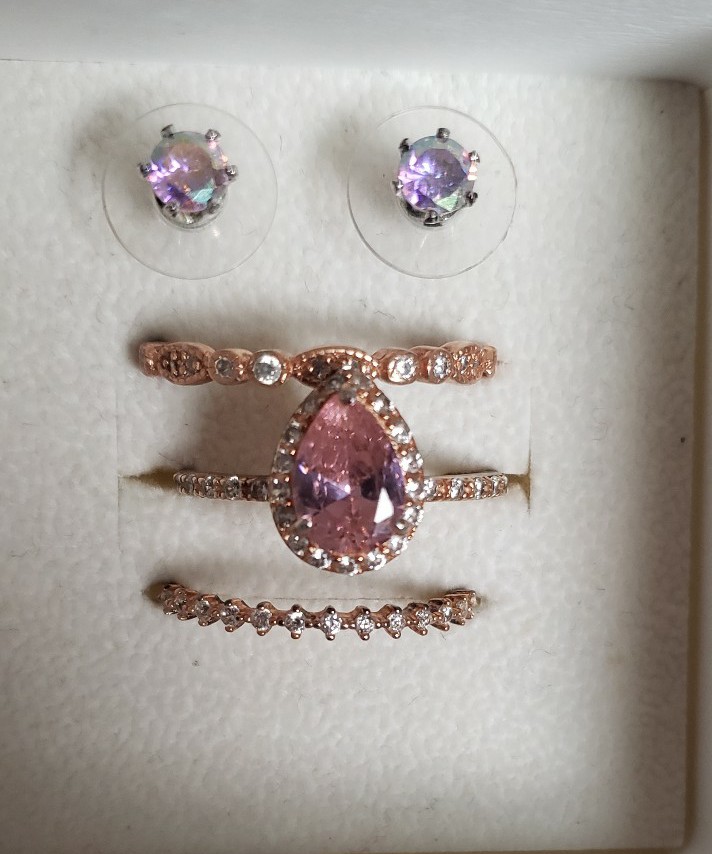 3pc pink topaz pear shape ring set