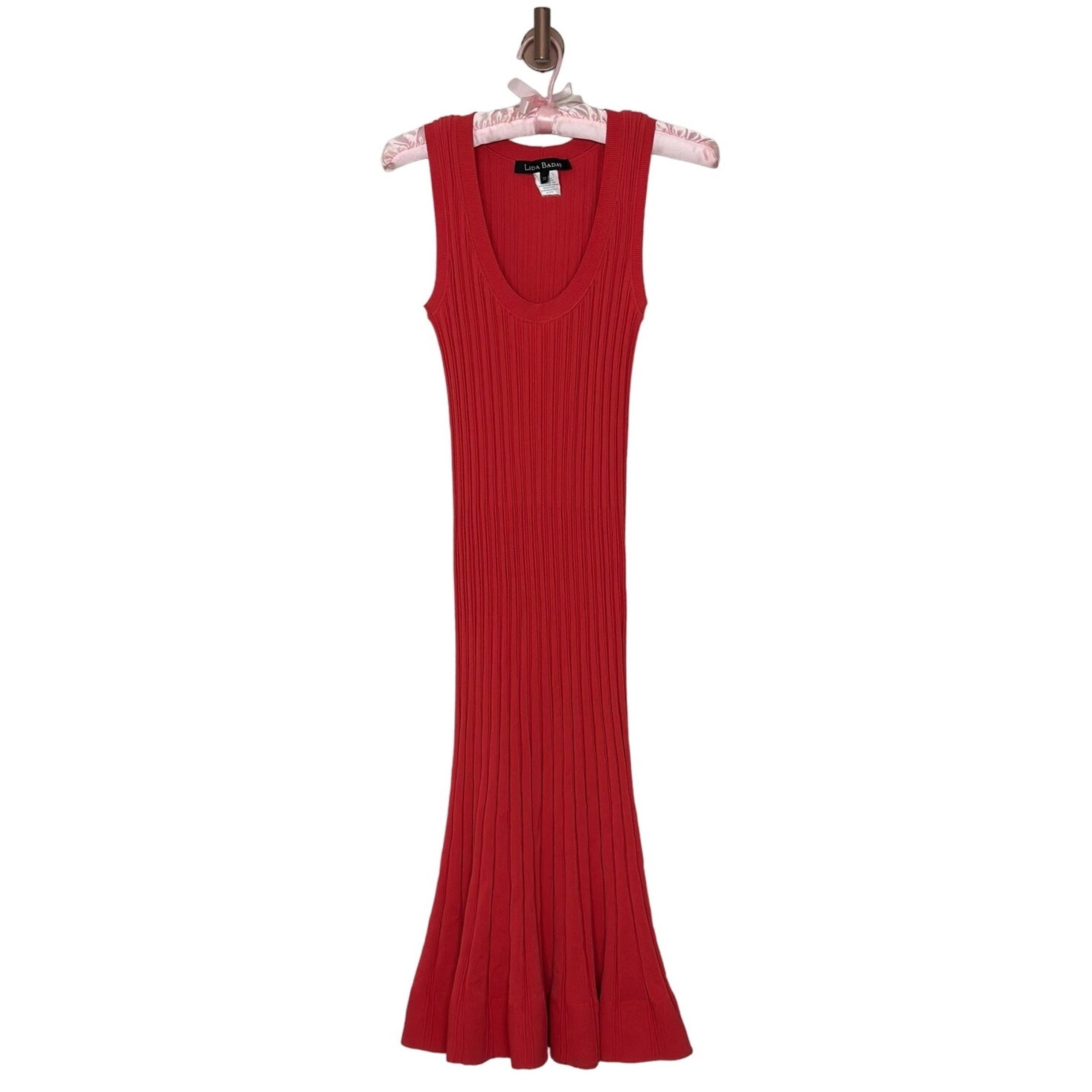 Lida Baday Small Knit Stretch Bodycon Midi Dress Scoopneck Coral Red