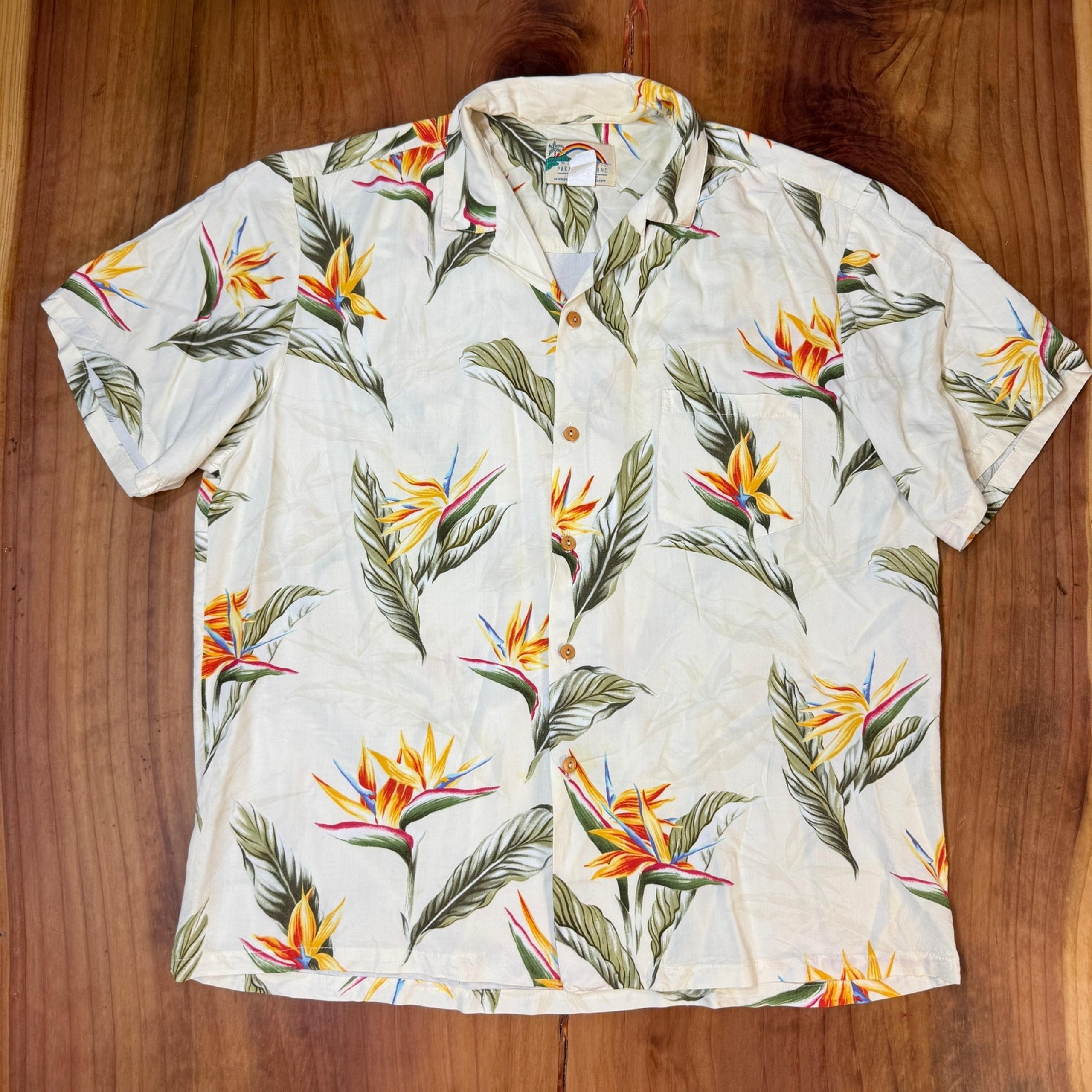 Vintage Paradise Found Shirt Mens XL Rayon Floral Hawaiian Bird Paradise F4-10