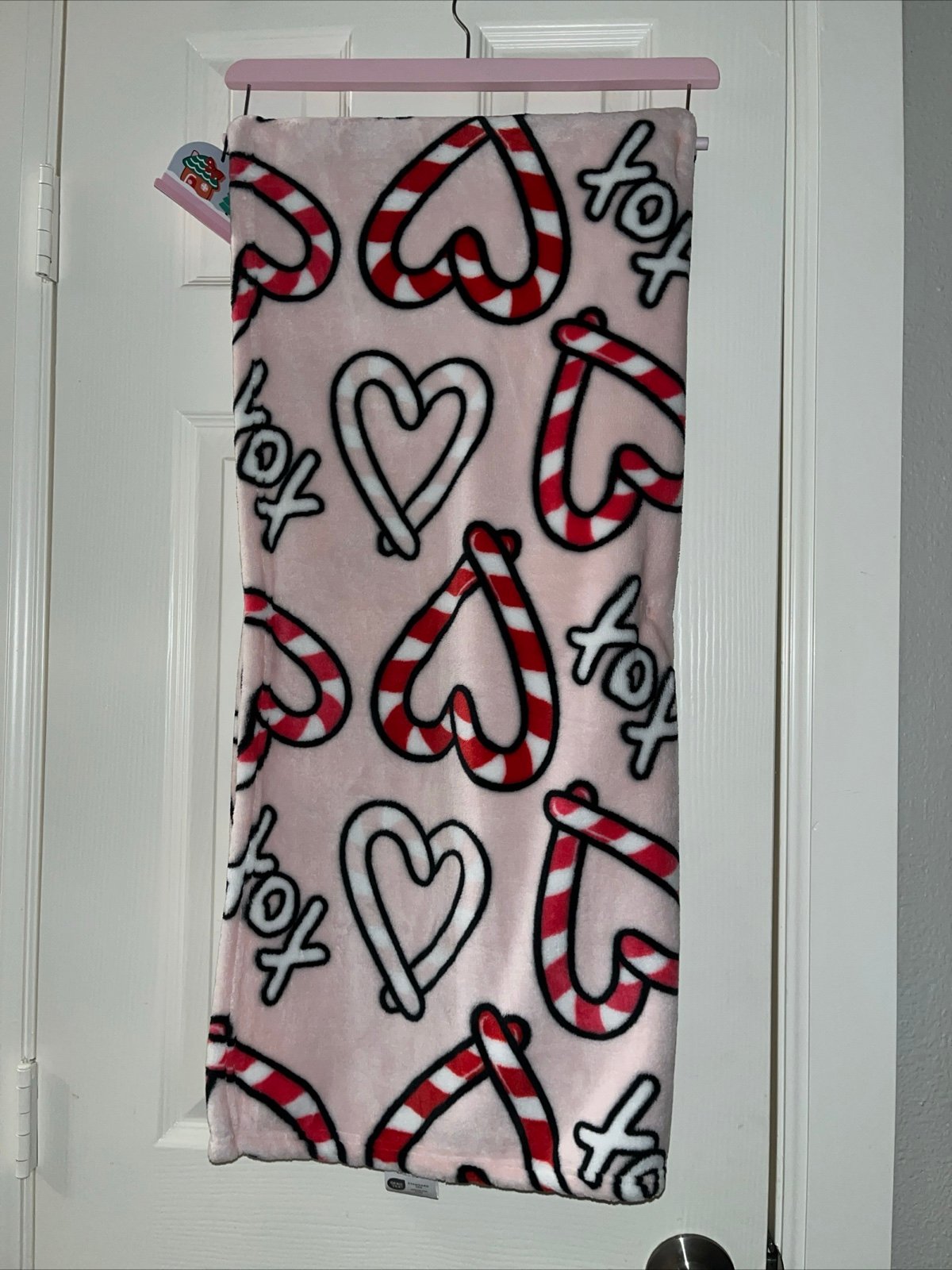 Betsey Johnson pink Christmas candy cane heart blanket