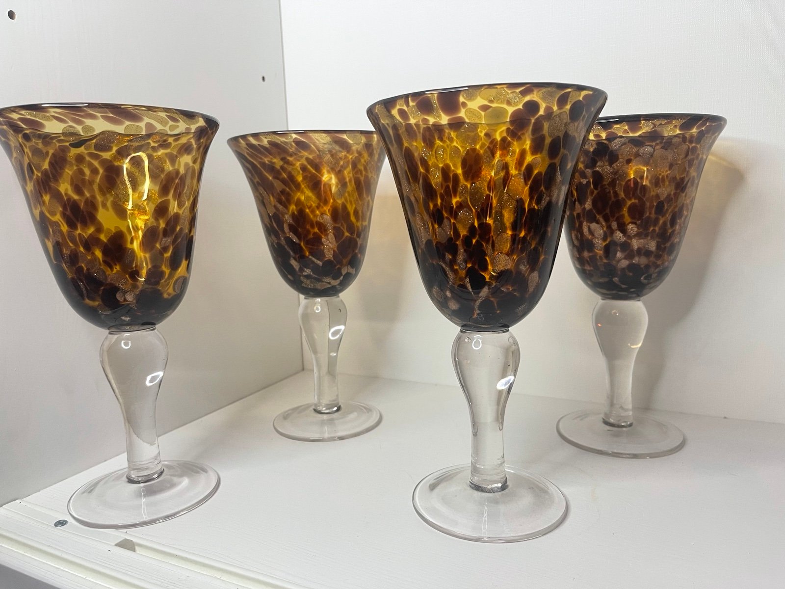 4 blown stemmed water/wine glasses in Tortoise pattern with Copper speckles