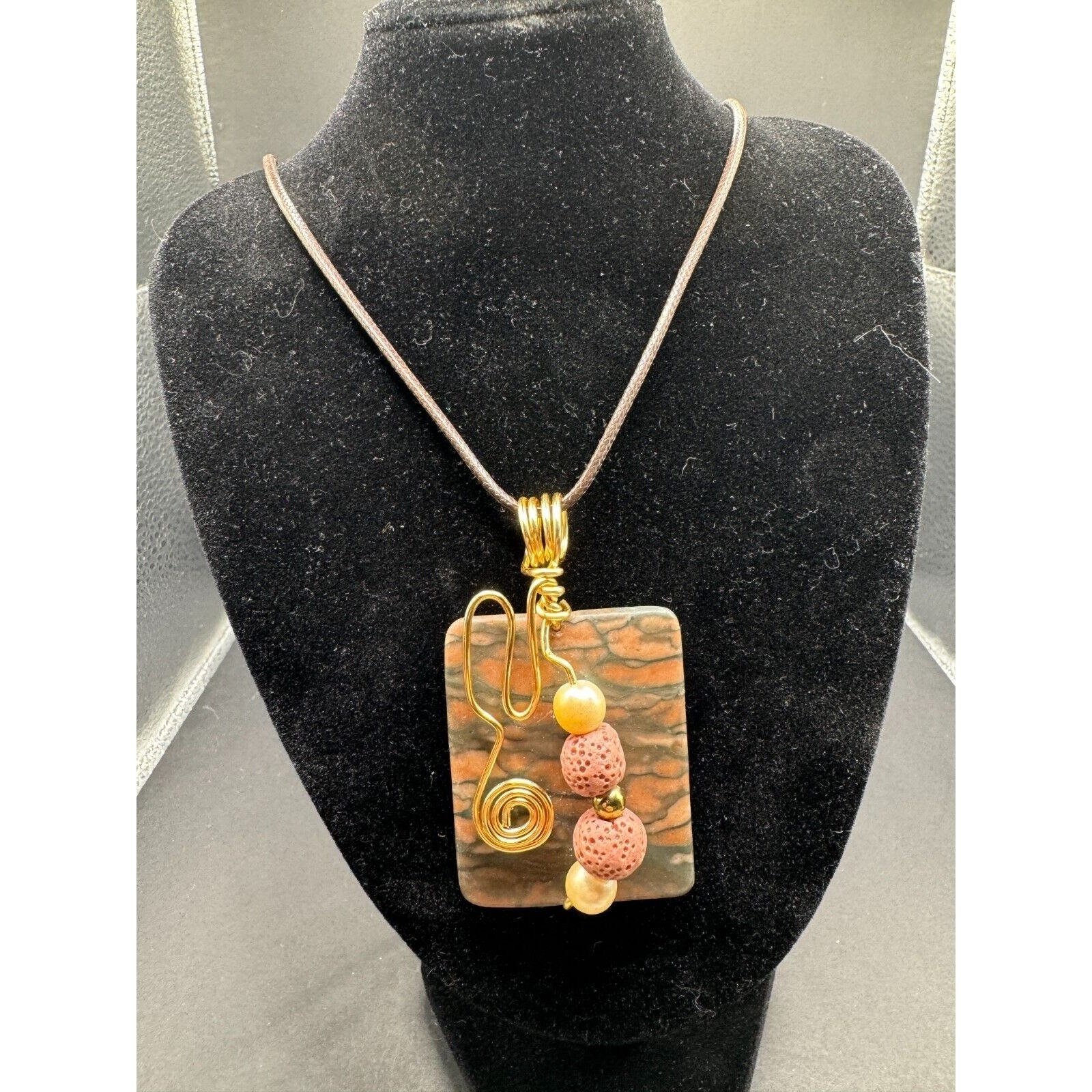 Vtg Picasso Jasper Rectangle Copper Bail Beaded Pendant Leather Cord Necklace
