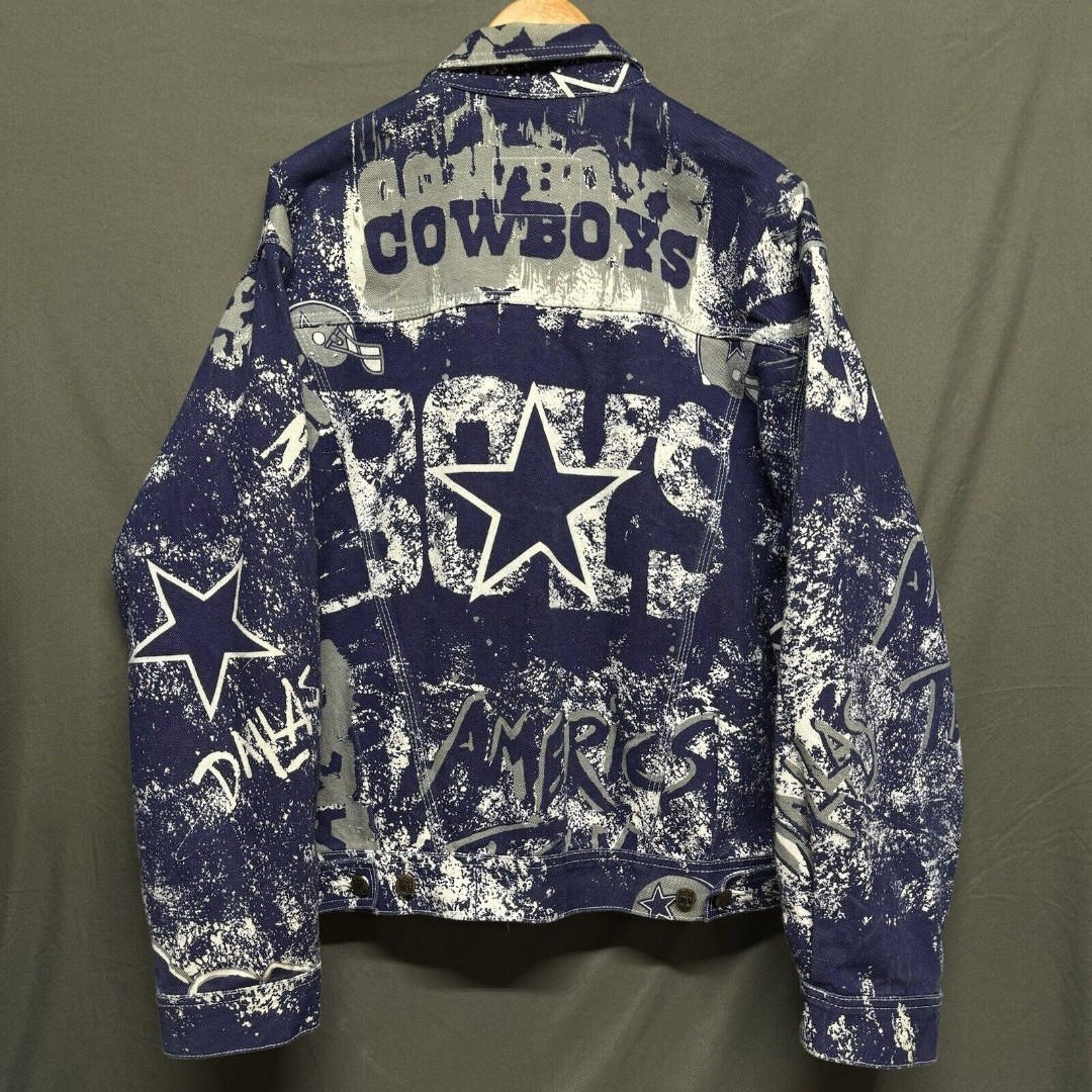Vintage 90s Dallas Cowboys Pro Player NFL Graffiti Denim Jean Jacket Size Large
