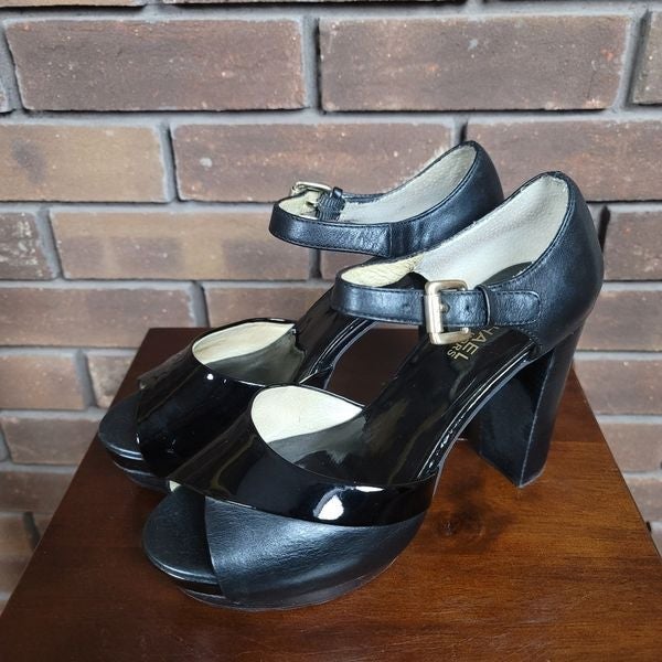 Michael Kors ultra platform leather ankle strap peep toe high heel pumps stacked