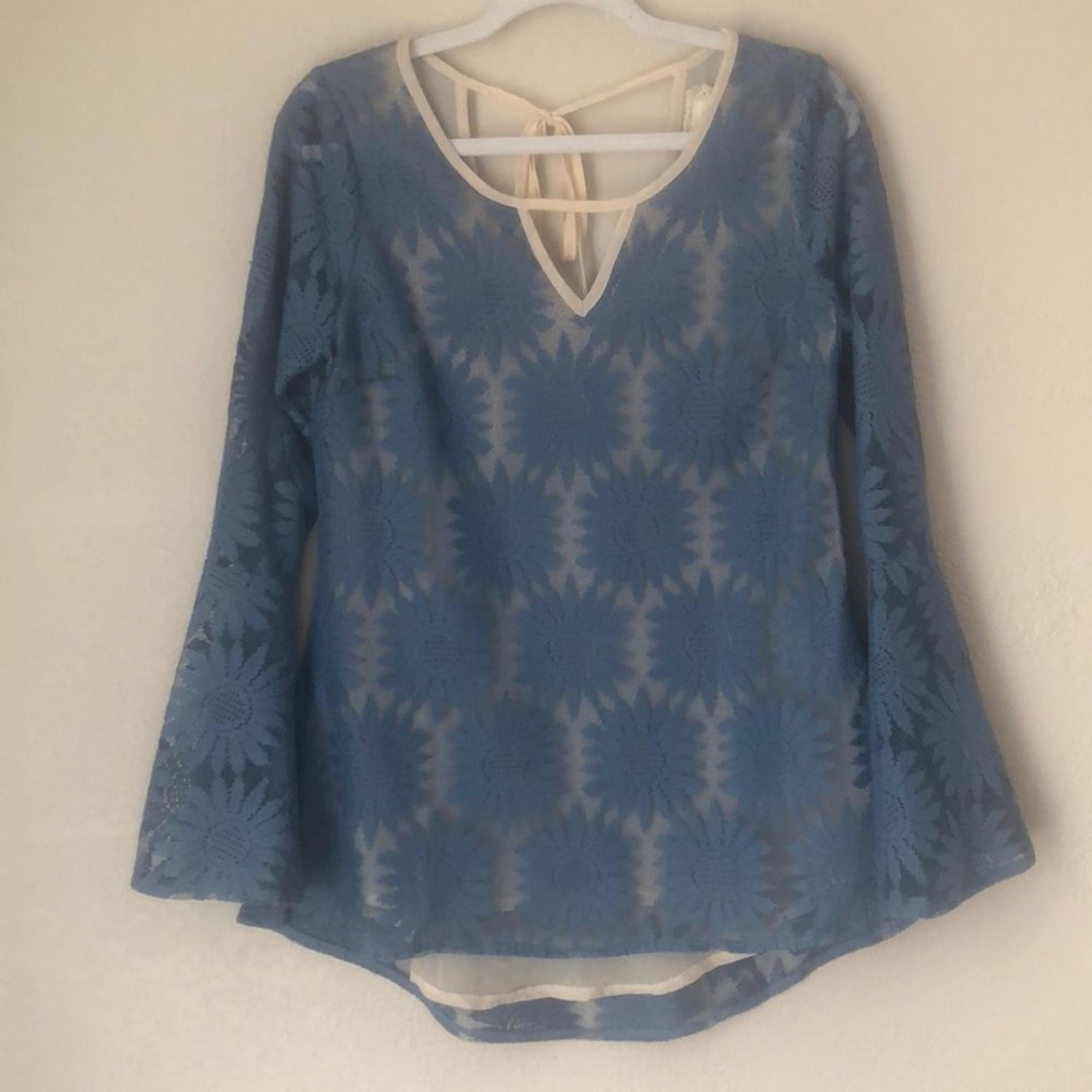 A’reve Size M Boho Lined Lace Blouse Top Semi Sheer Bell sleeves and Tie at Neck