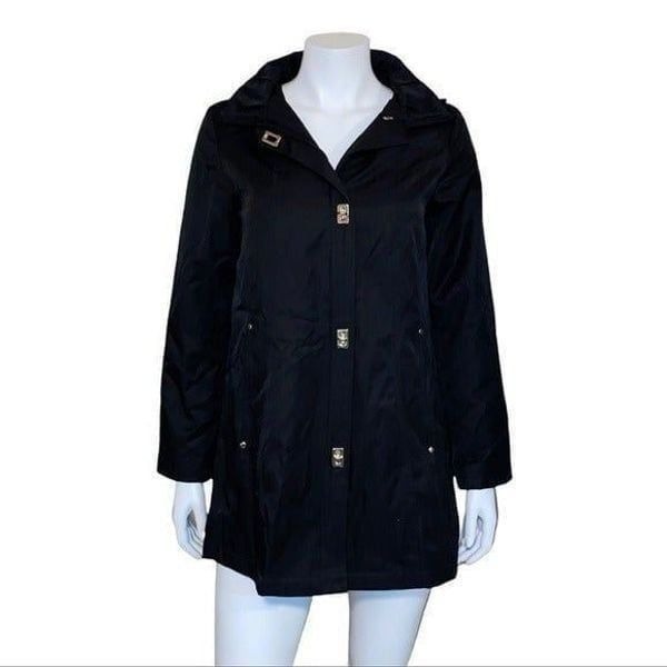 Jones New York Gold Turn Lock Button Hooded Black Raincoat Size XS NWT