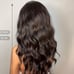 Human hair blend black brown wavy wig with bang.